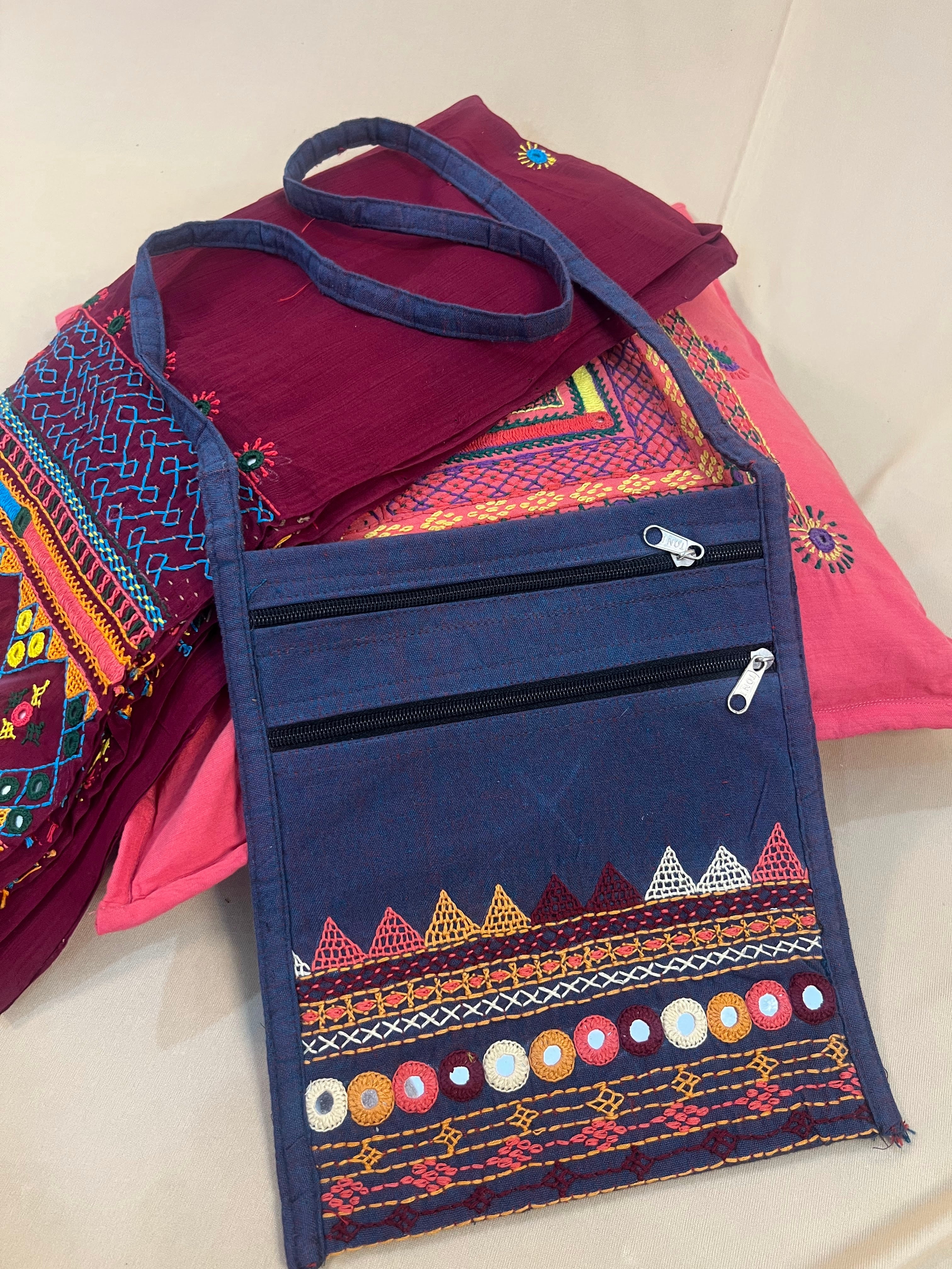 Indigo Blue Handloom Cotton Sling Bag with Traditional Lambani Embroidery