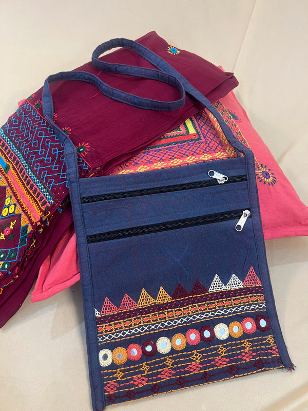 Indigo Blue Handloom Cotton Sling Bag with Traditional Lambani Embroidery