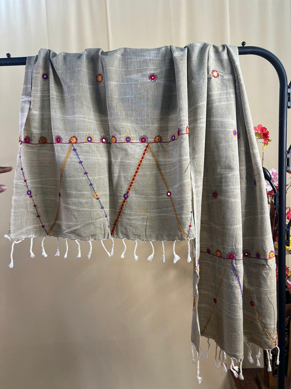 Earthy Grey with Multicolor Embroidery Lambani Handloom Cotton Stole