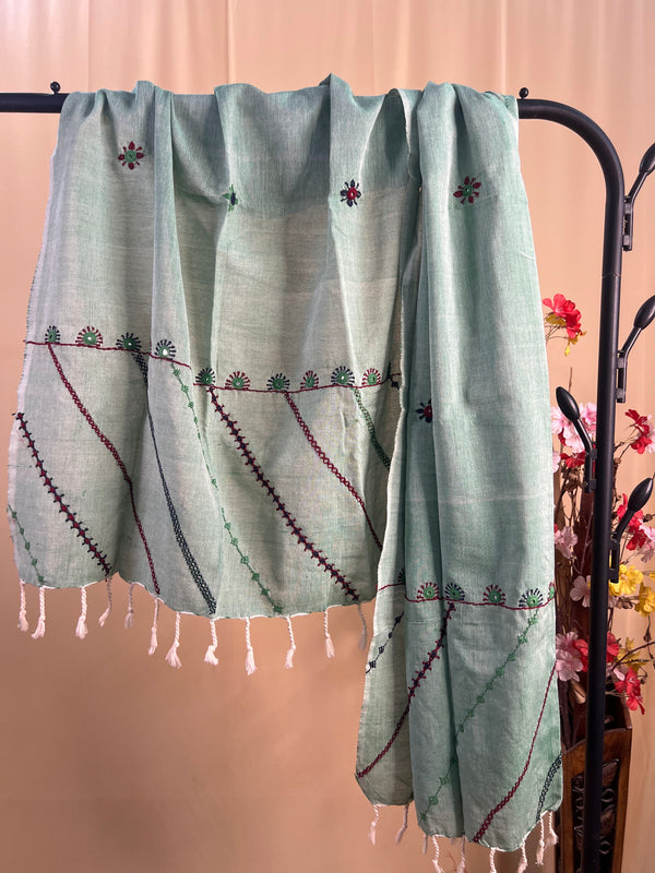 Mint Green with Multicolor Linear Embroidery Lambani Handloom Cotton Stole