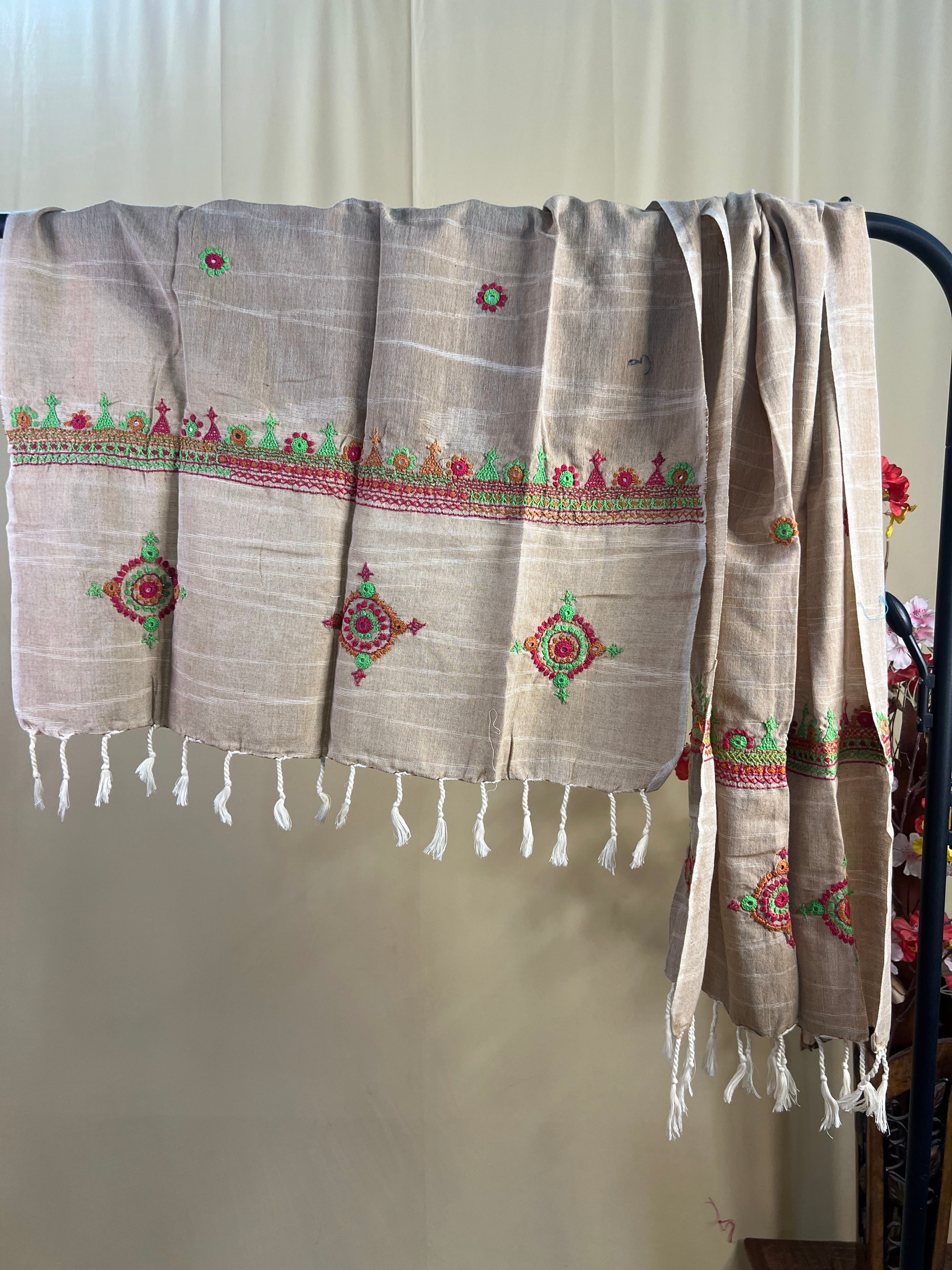 Natural Beige with Multicolor Embroidery Lambani Handloom Cotton Stole
