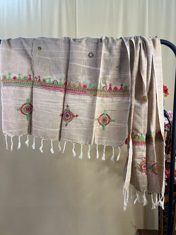 Natural Beige with Multicolor Embroidery Lambani Handloom Cotton Stole