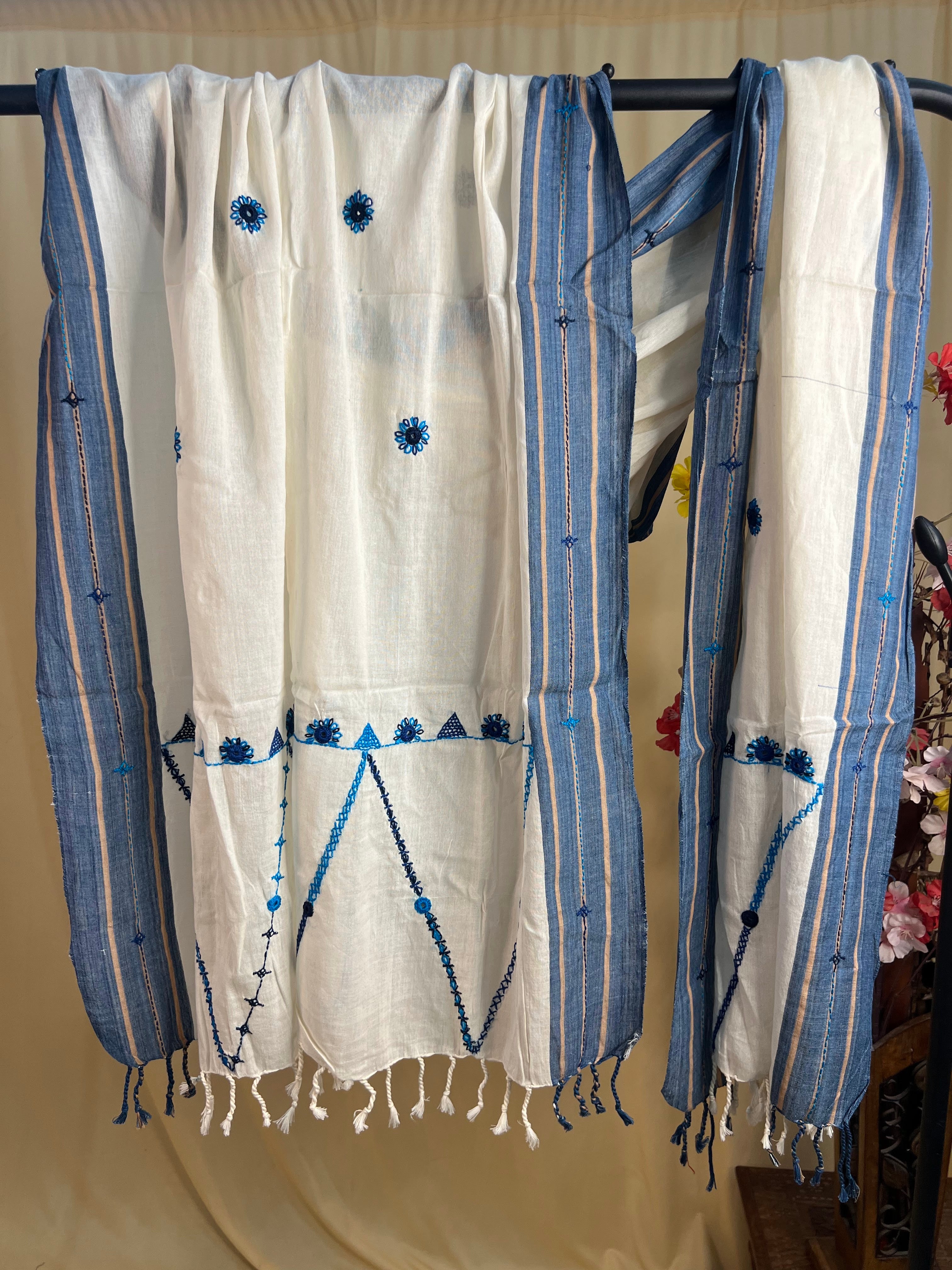Off-White with Blue Embroidery Lambani Handloom Cotton Stole