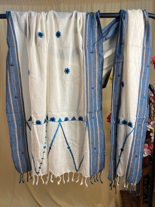 Off-White with Blue Embroidery Lambani Handloom Cotton Stole