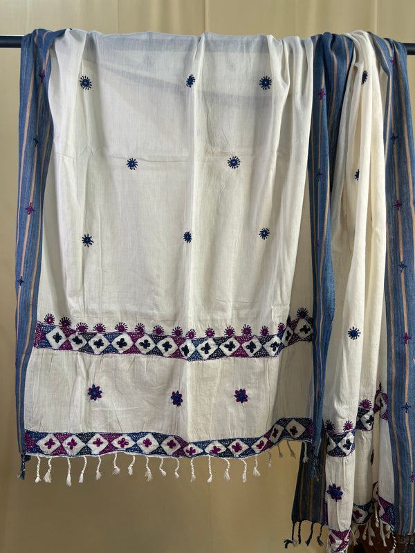 Off-White with Diamond Motif Embroidery Lambani Handloom Cotton Stole