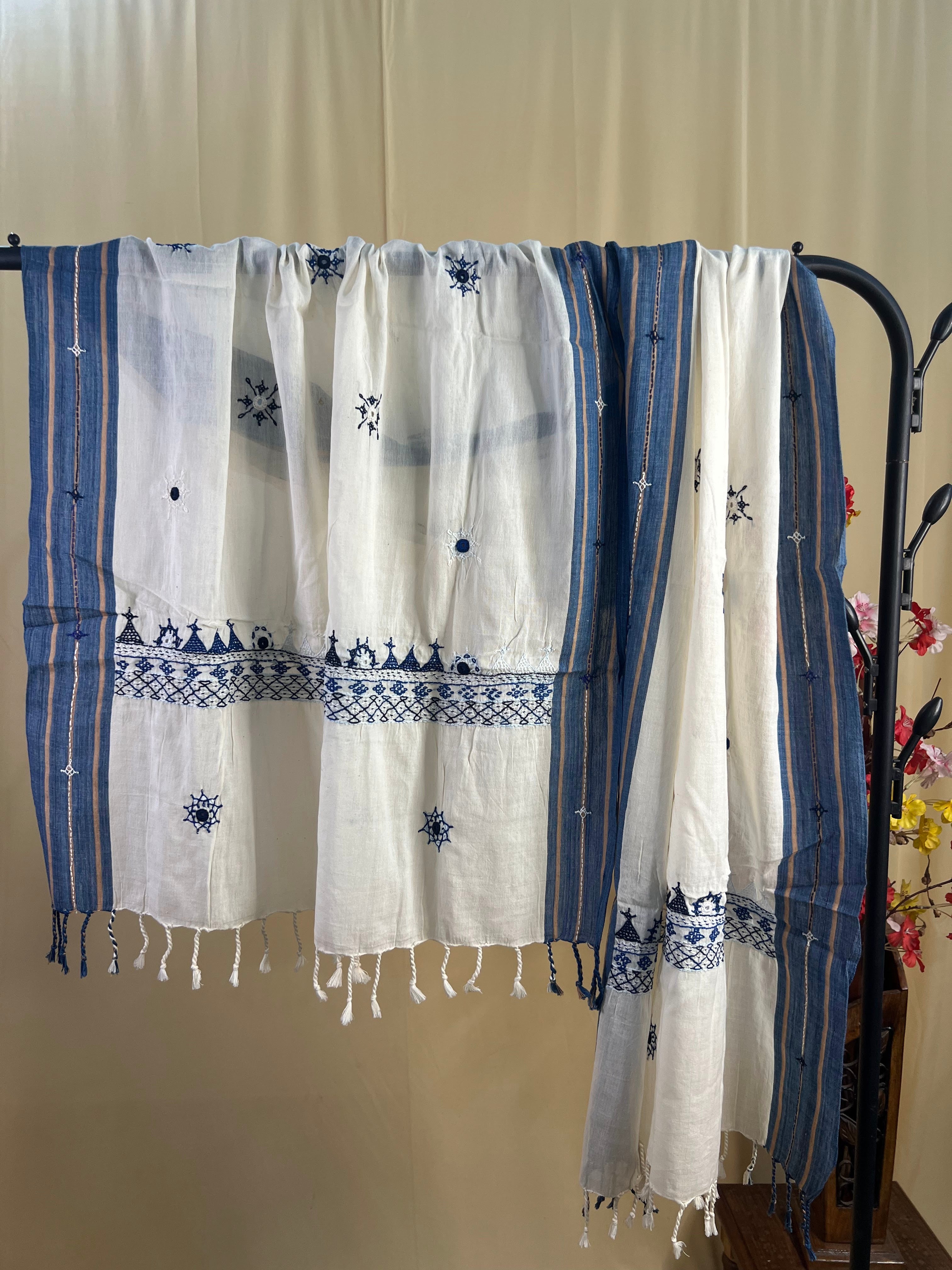 Off-White with Indigo Blue Embroidery Lambani Handloom Cotton Stole