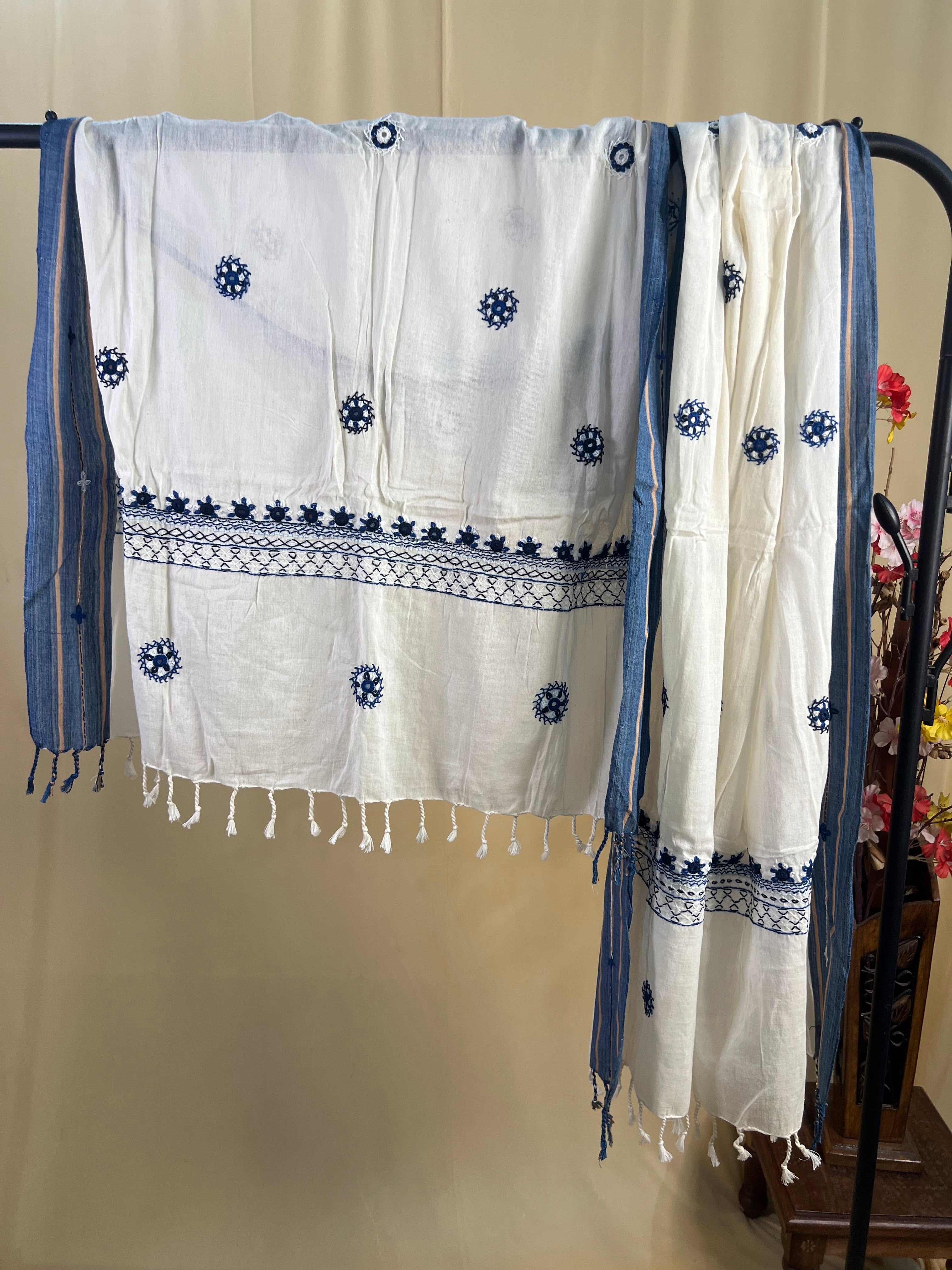 Off-White with Indigo Butta & Border Work Lambani Handloom Cotton Stole