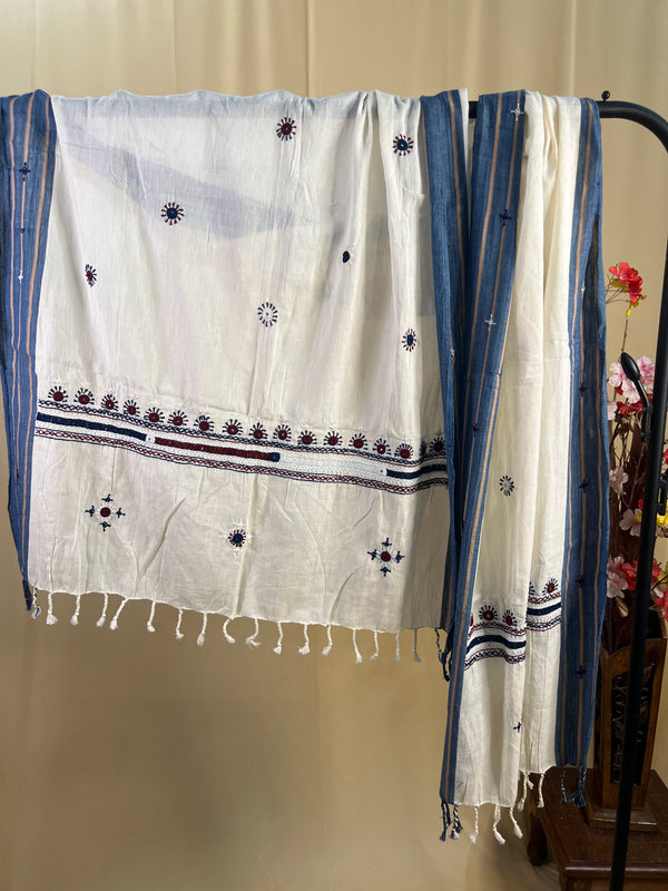 Off-White with Indigo & Maroon Embroidery Lambani Handloom Cotton Stole
