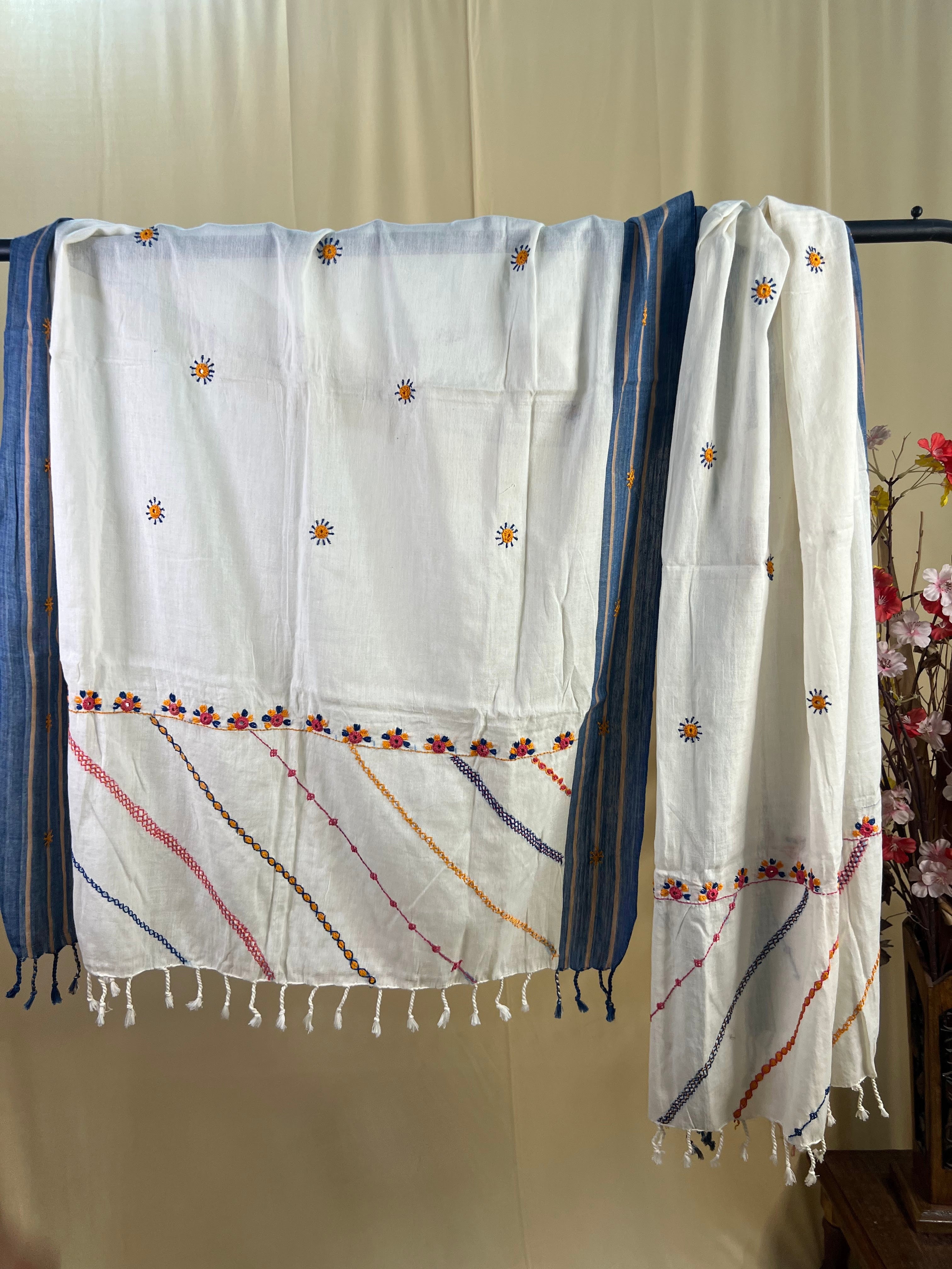 Off-White with Multicolor Embroidery Lambani Handloom Cotton Stole