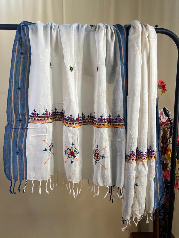 Off-White with Multicolor Floral Border Embroidery Lambani Handloom Cotton Stole