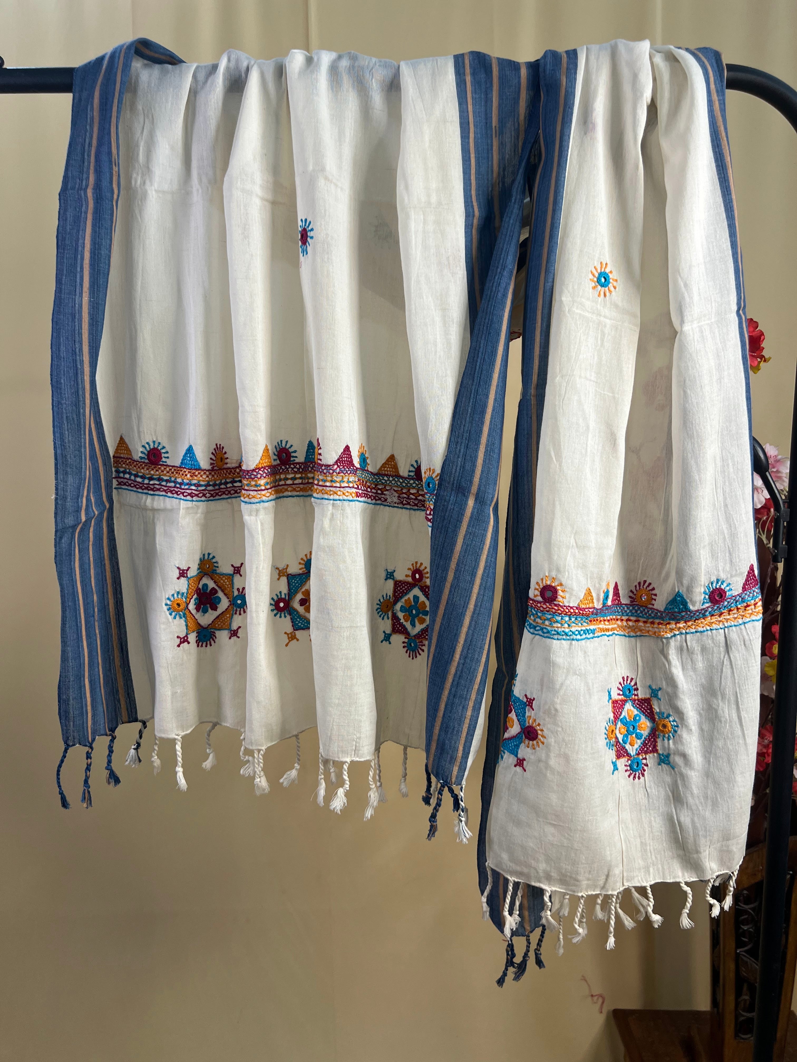 Off-White with Multicolor Geometric Embroidery Lambani Handloom Cotton Stole