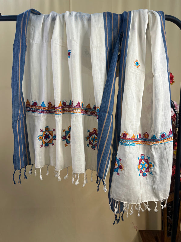 Off-White with Multicolor Geometric Embroidery Lambani Handloom Cotton Stole