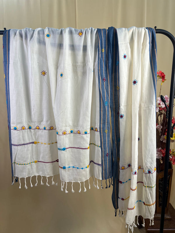 Off-White with Multicolor Line Embroidery Lambani Handloom Cotton Stole