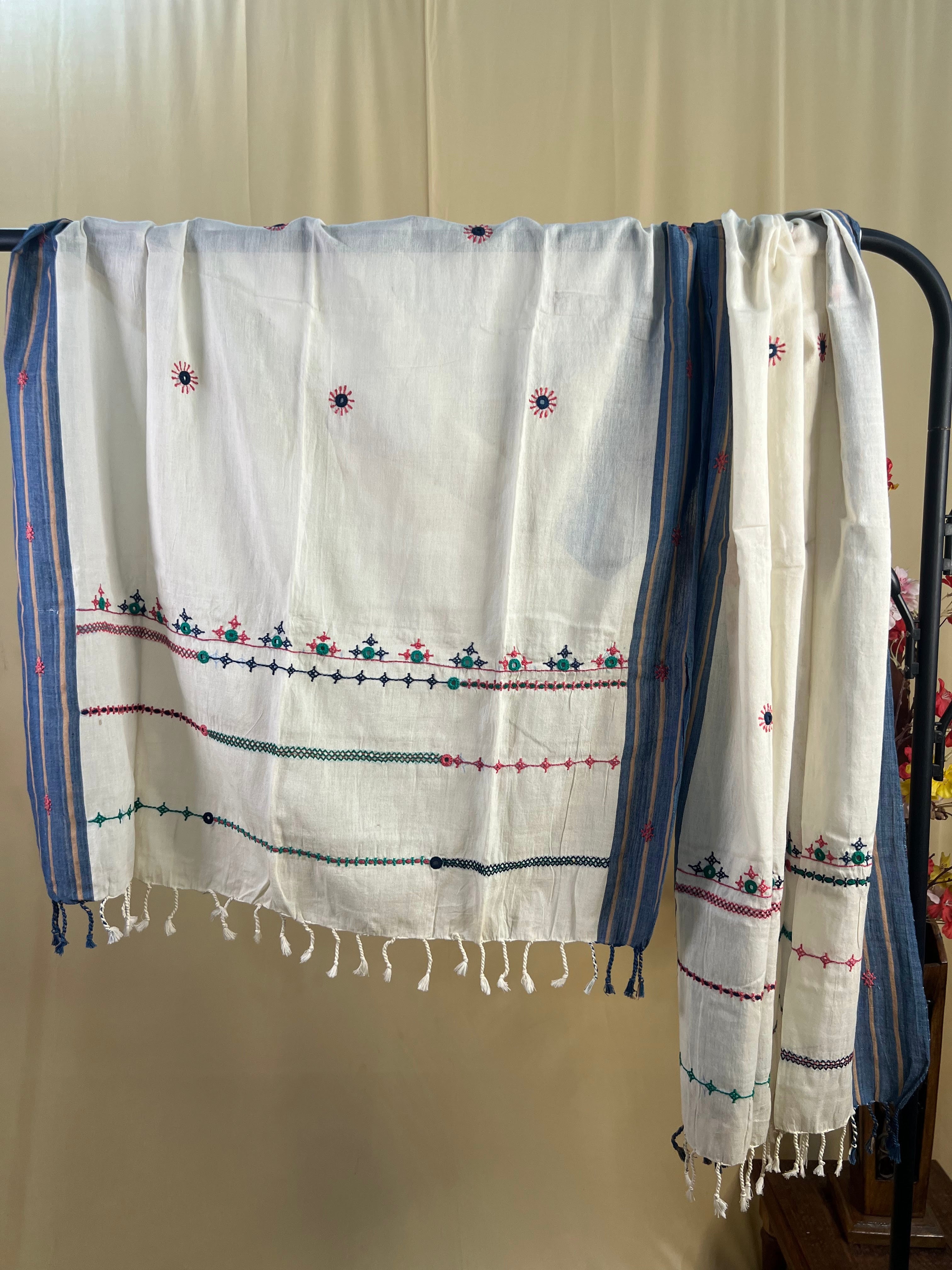 Off-White with Multicolor Linear Embroidery Lambani Handloom Cotton Stole