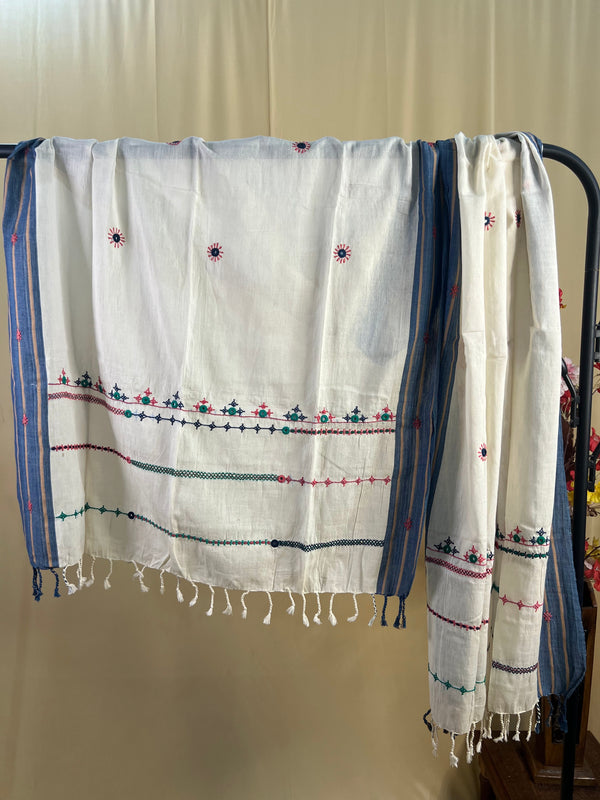 Off-White with Multicolor Linear Embroidery Lambani Handloom Cotton Stole