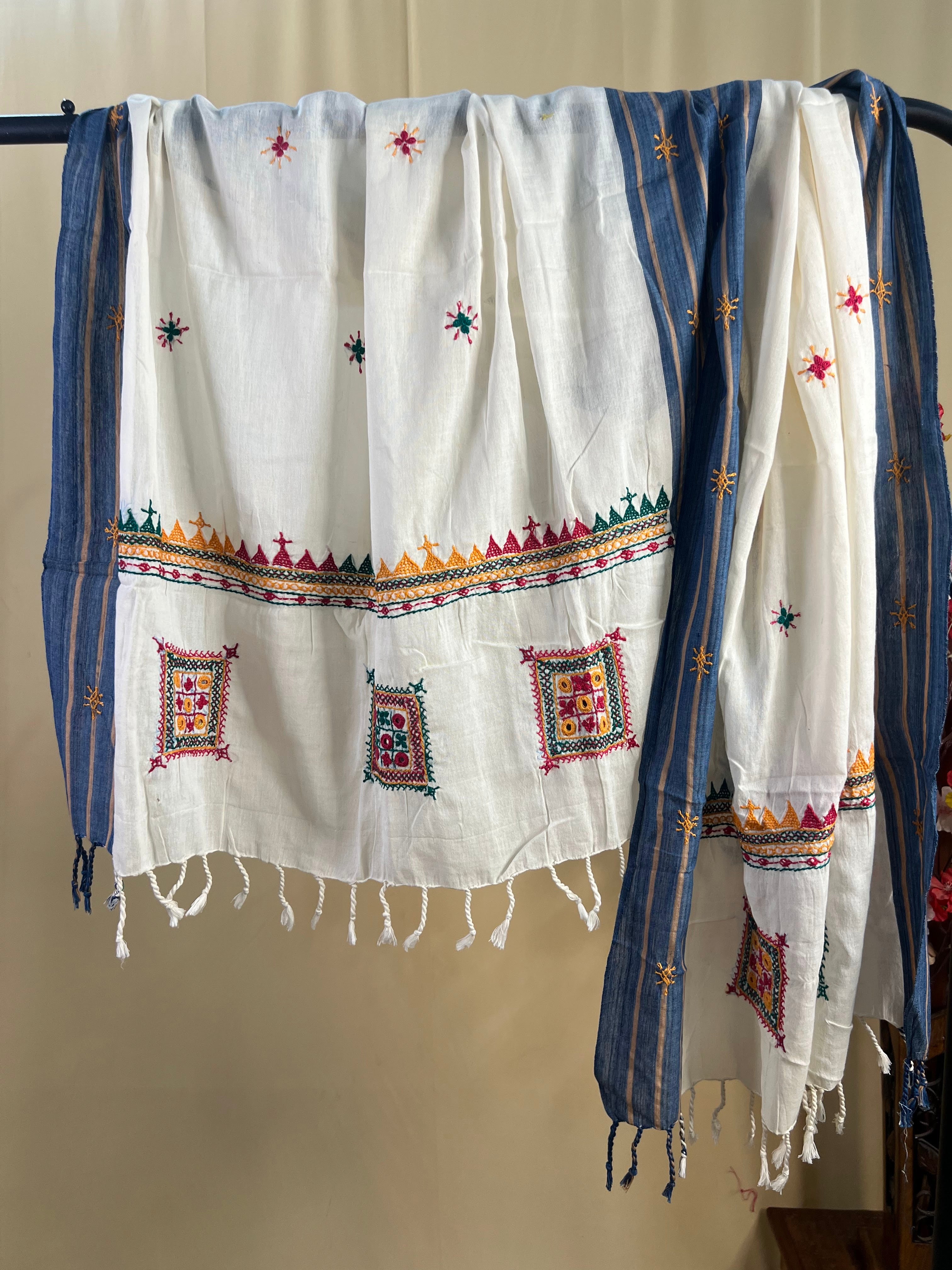 Off-White with Multicolor Panel & Border Embroidery Lambani Handloom Cotton Stole