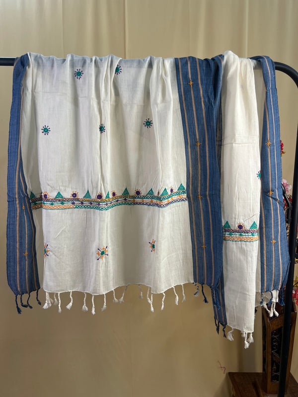 Off-White with Multicolor Triangle Embroidery Lambani Handloom Cotton Stole