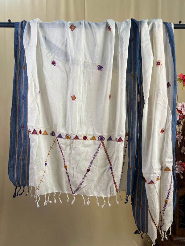 Off-White with Multicolor Zig-Zag Embroidery Lambani Handloom Cotton Stole