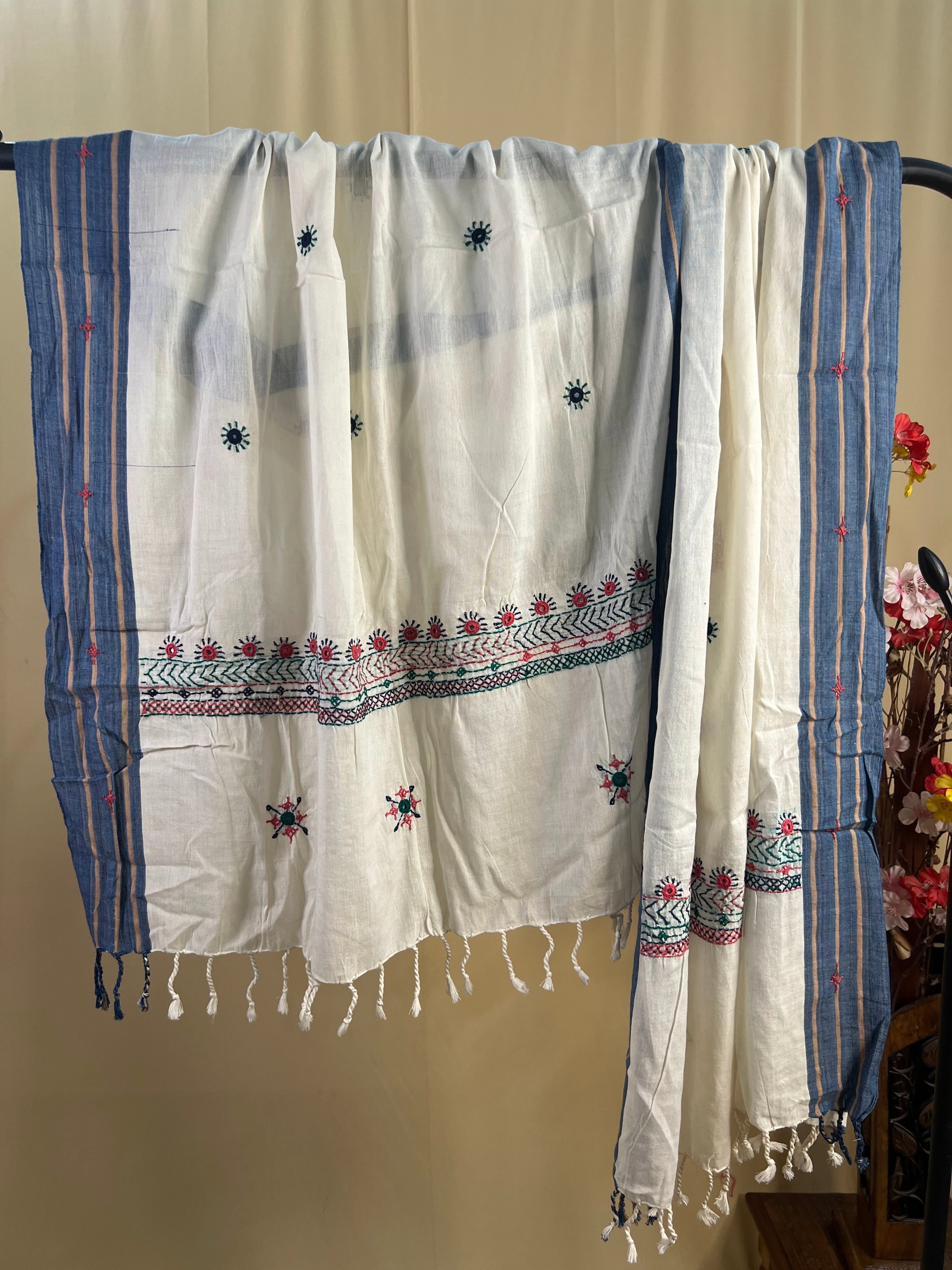 Off-White with Red & Green Embroidery Lambani Handloom Cotton Duppatta