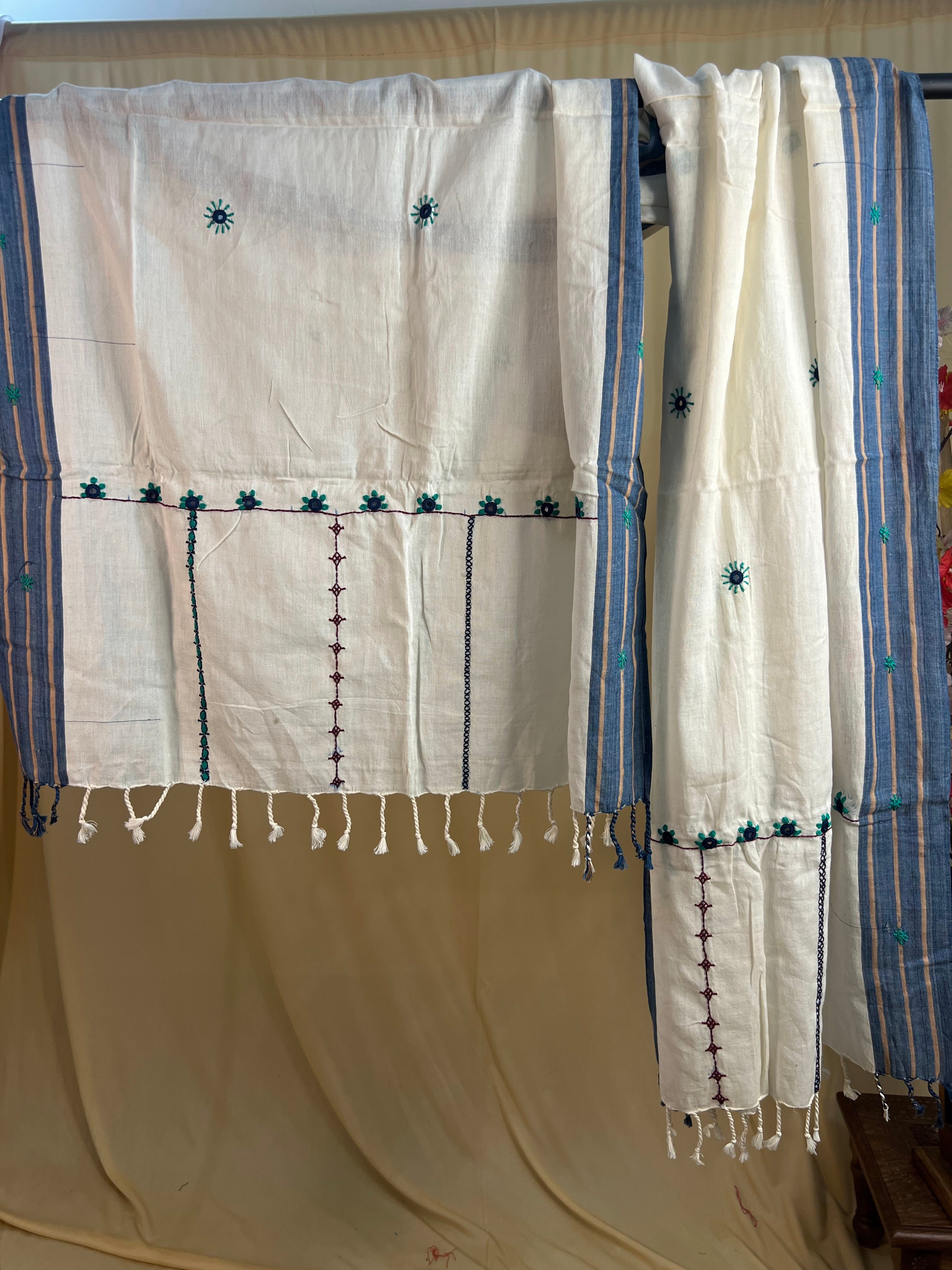 Off-White with Teal Blue Embroidery Lambani Handloom Cotton Stole