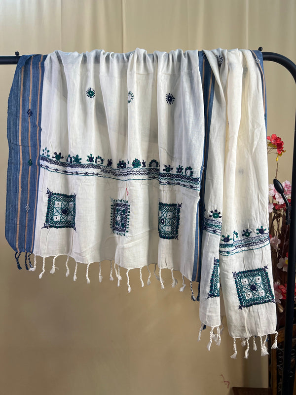 Off-White with Teal Geometric Panel Embroidery Lambani Handloom Cotton Stole