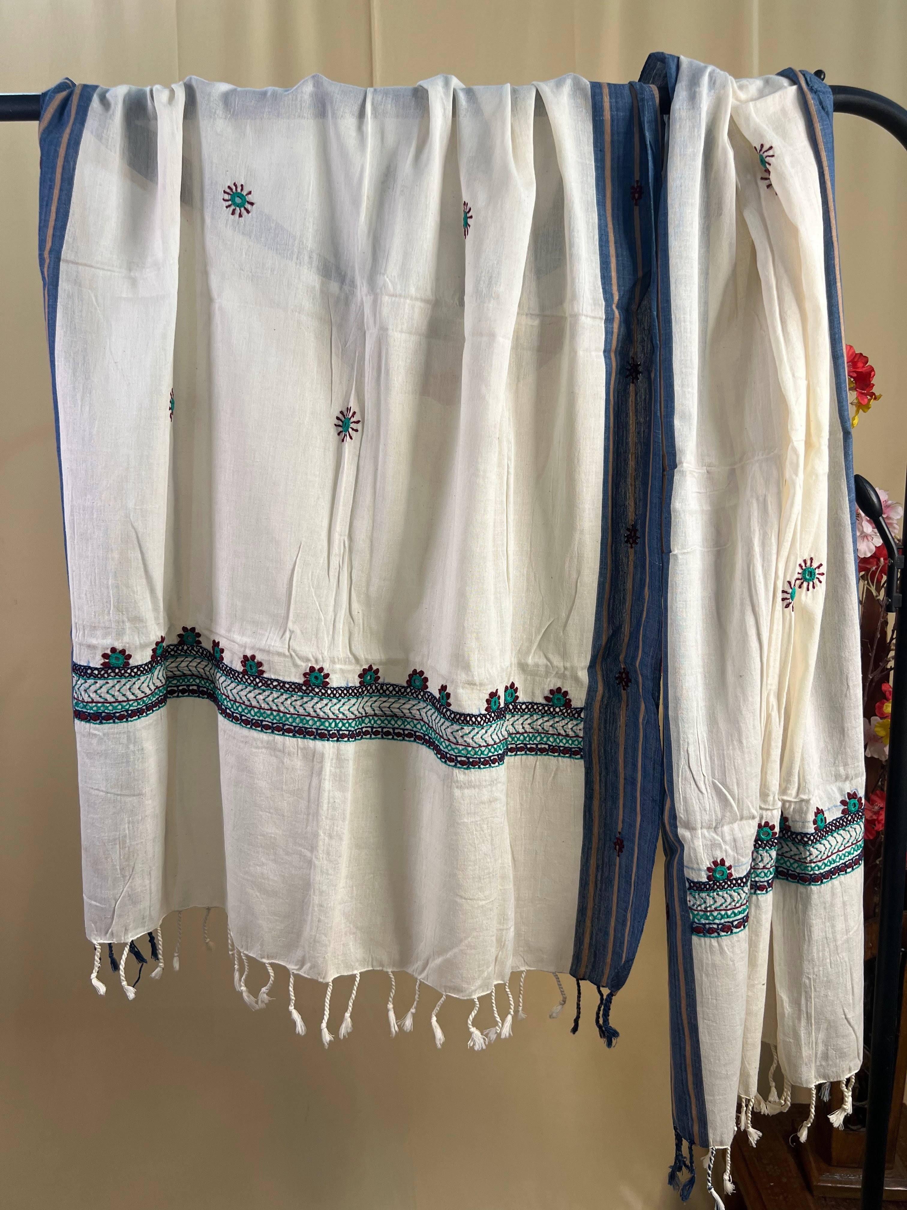 Off-White with Teal Wave Embroidery Lambani Handloom Cotton Stole