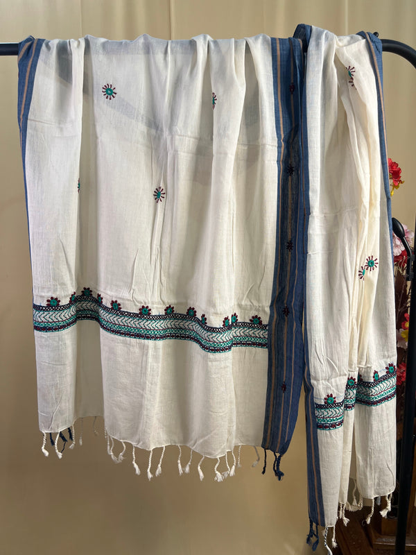 Off-White with Teal Wave Embroidery Lambani Handloom Cotton Stole