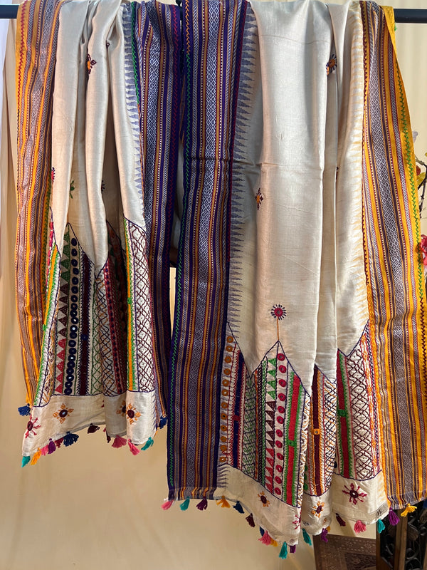 Multicolor Panel Embroidery & Karvati Border Lambani Handloom Tussar Silk Dupatta