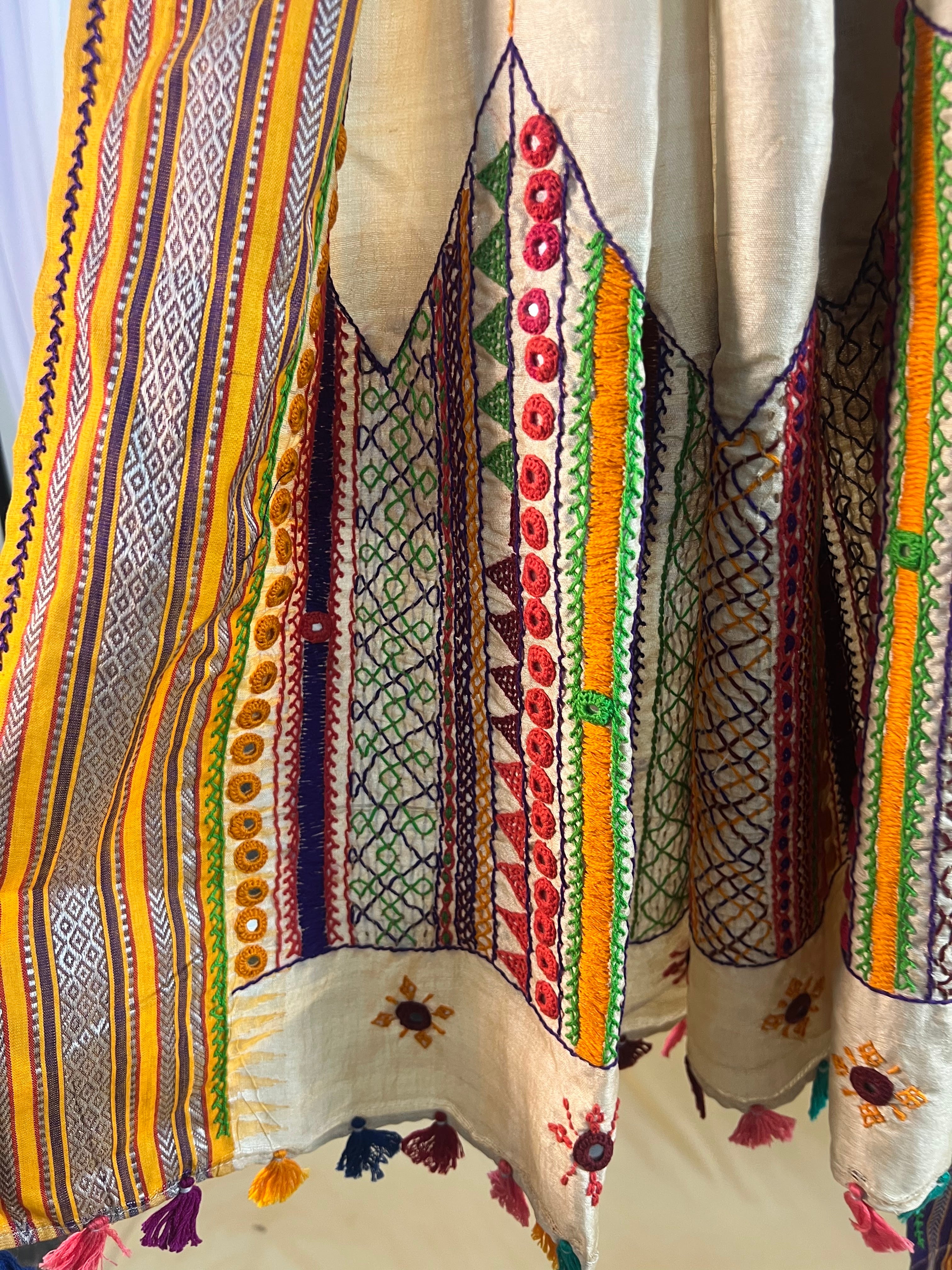 Multicolor Panel Embroidery & Karvati Border Lambani Handloom Tussar Silk Dupatta