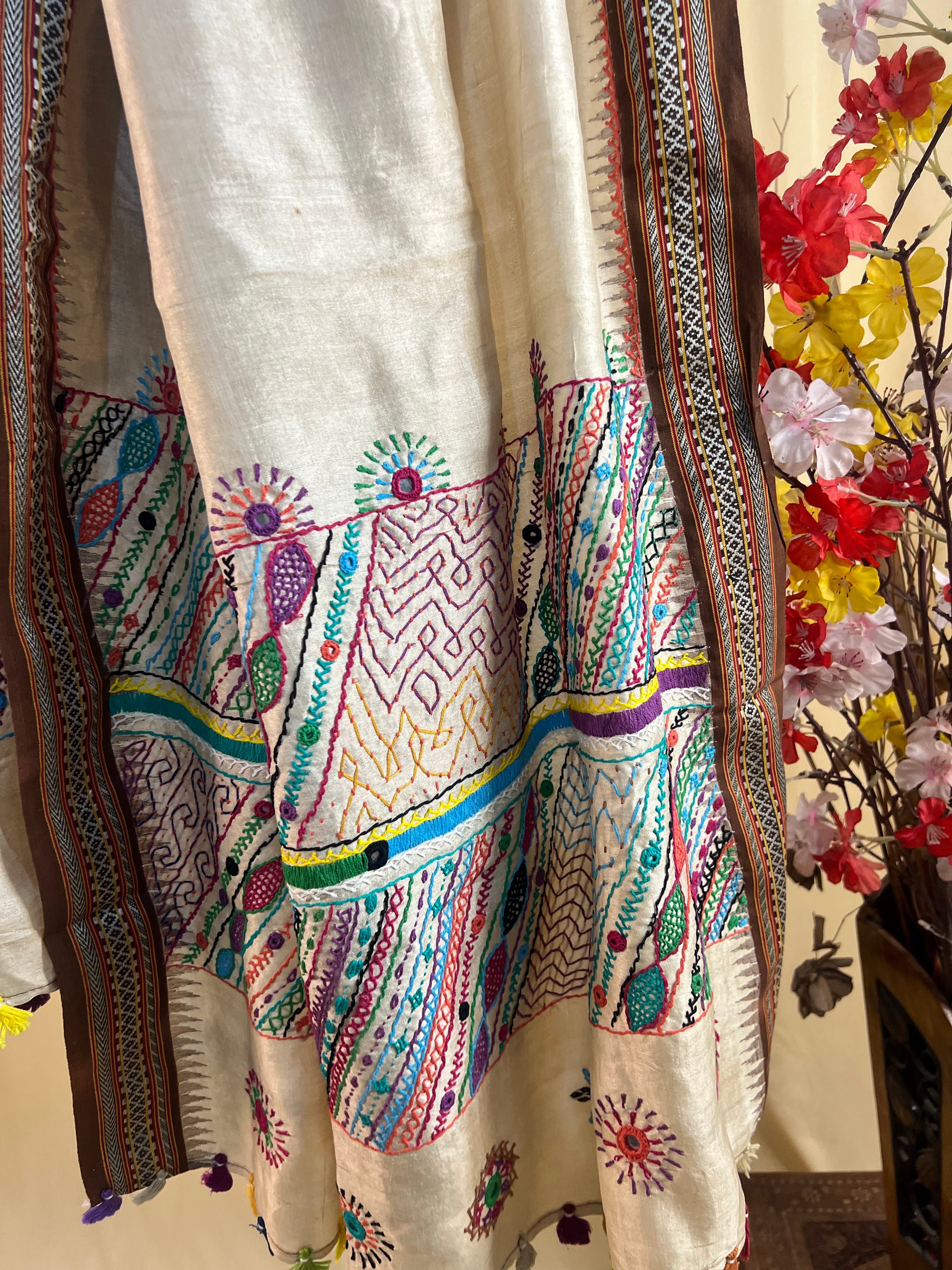 Natural Beige with Dense Multicolor Embroidery & Karvati Border Lambani Handloom Tussar Silk Dupatta