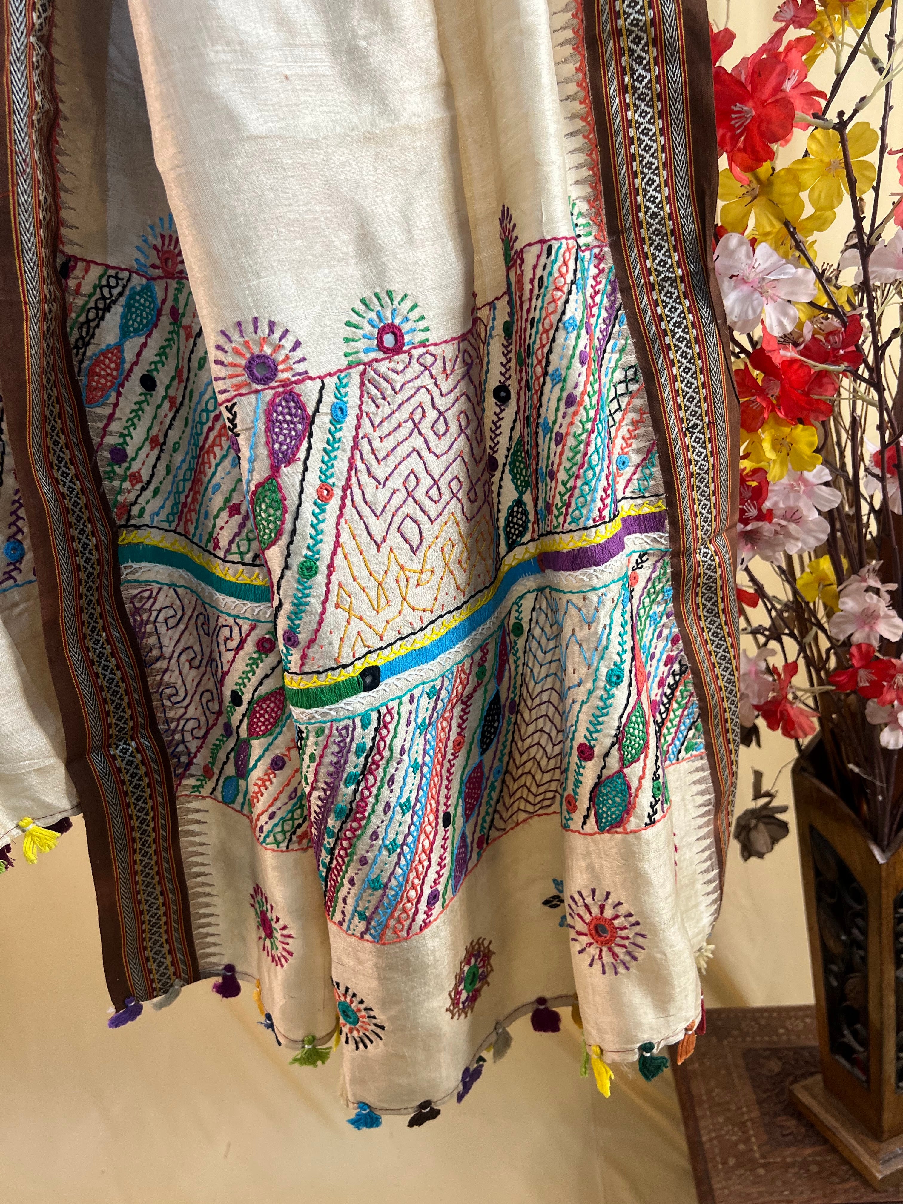 Natural Beige with Dense Multicolor Embroidery & Karvati Border Lambani Handloom Tussar Silk Dupatta