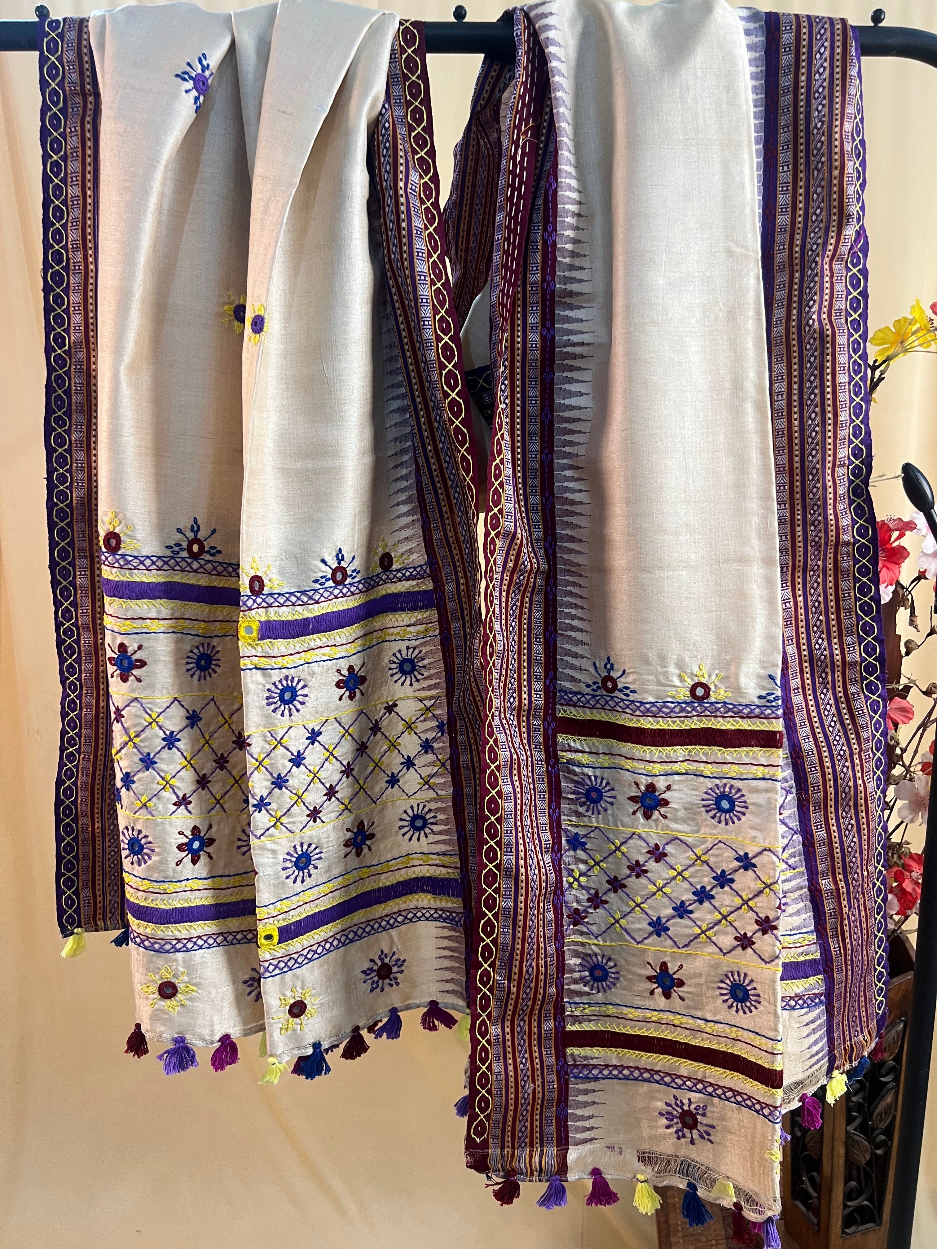 Natural Beige with Multicolor Embroidery & Karvati Border Lambani Handloom Tussar Silk Dupatta