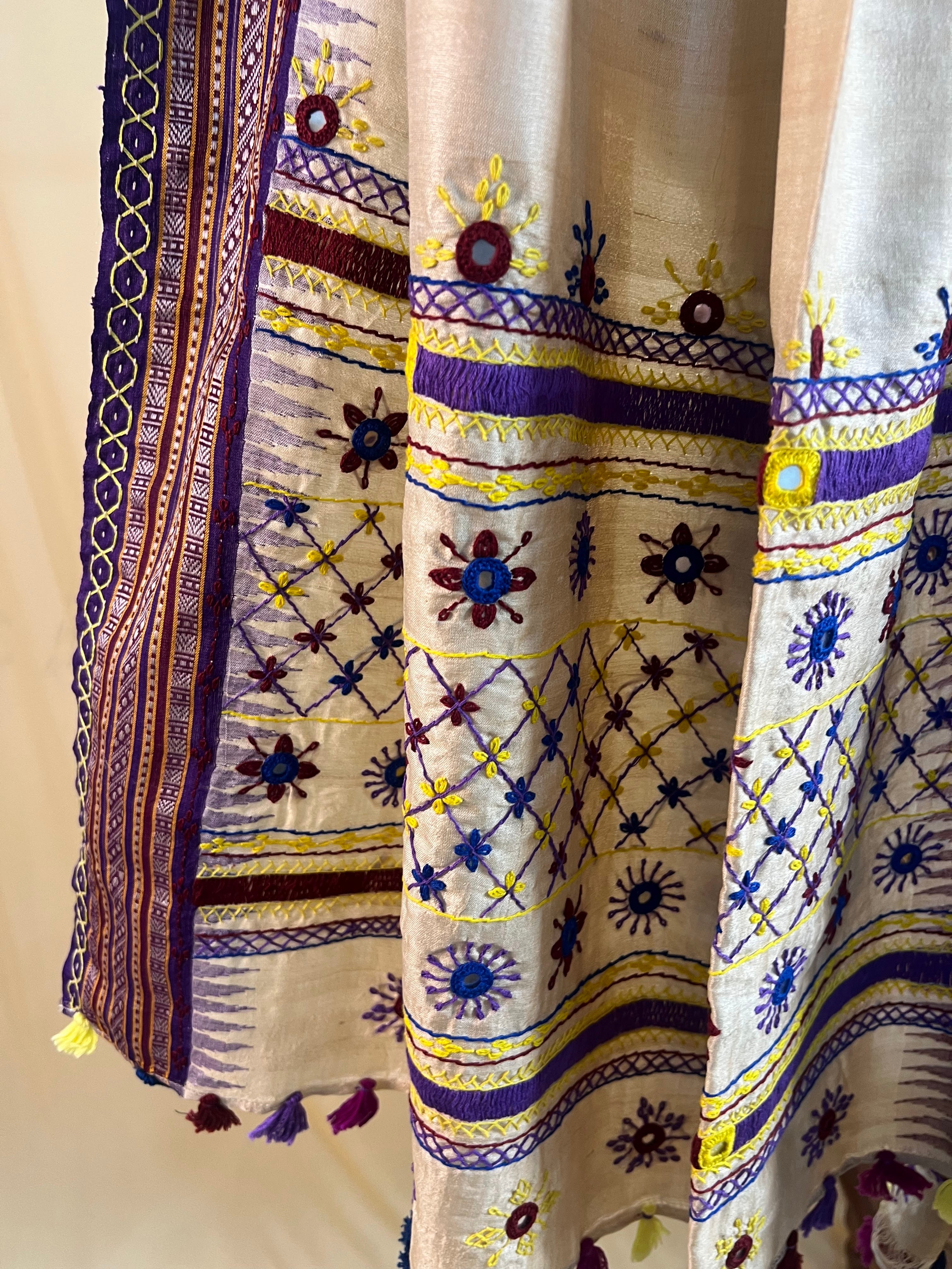 Natural Beige with Multicolor Embroidery & Karvati Border Lambani Handloom Tussar Silk Dupatta