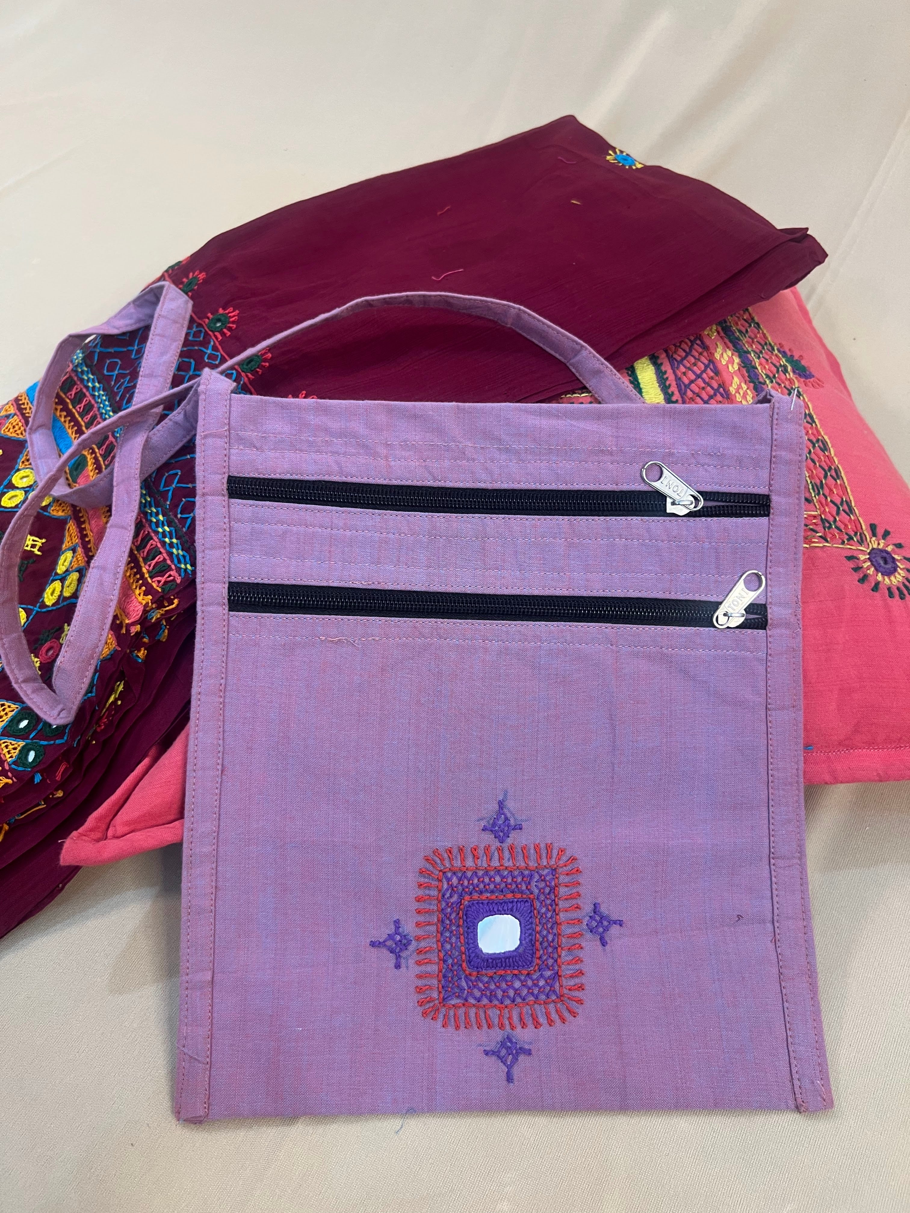 Lavender Purple Handloom Cotton Sling Bag with Minimal Lambani Embroidery