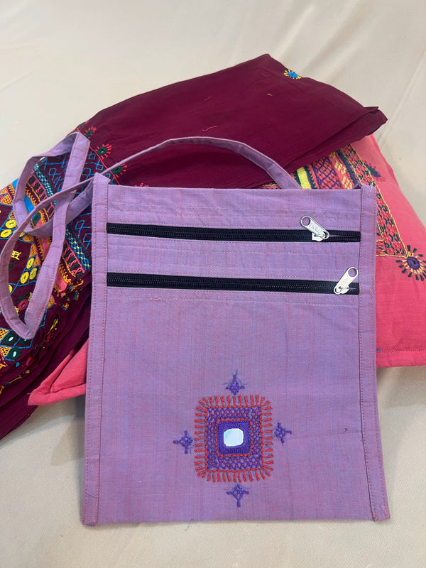 Lavender Purple Handloom Cotton Sling Bag with Minimal Lambani Embroidery