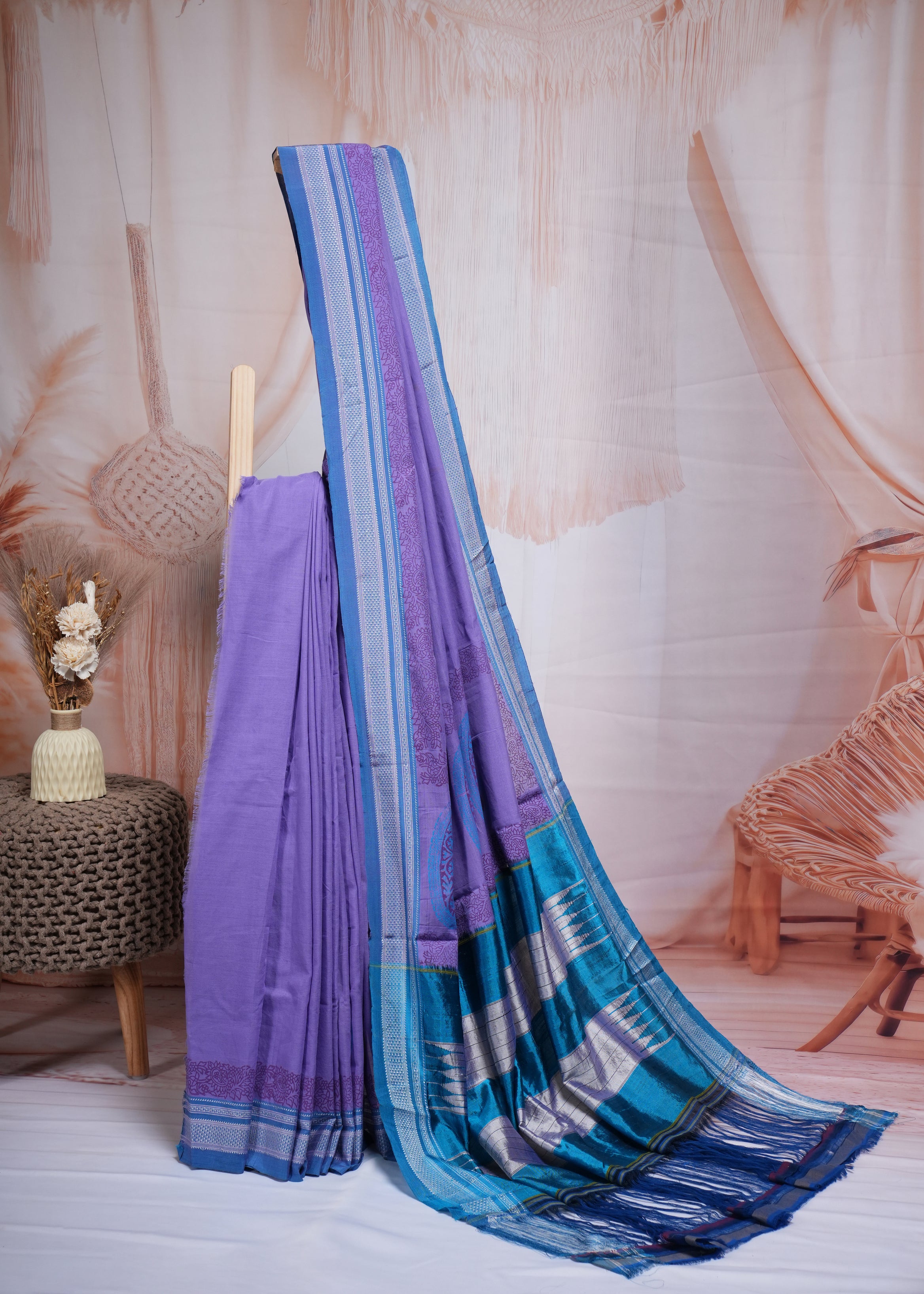 Lavender & Blue Handblock Printed Ilkal Handloom Saree