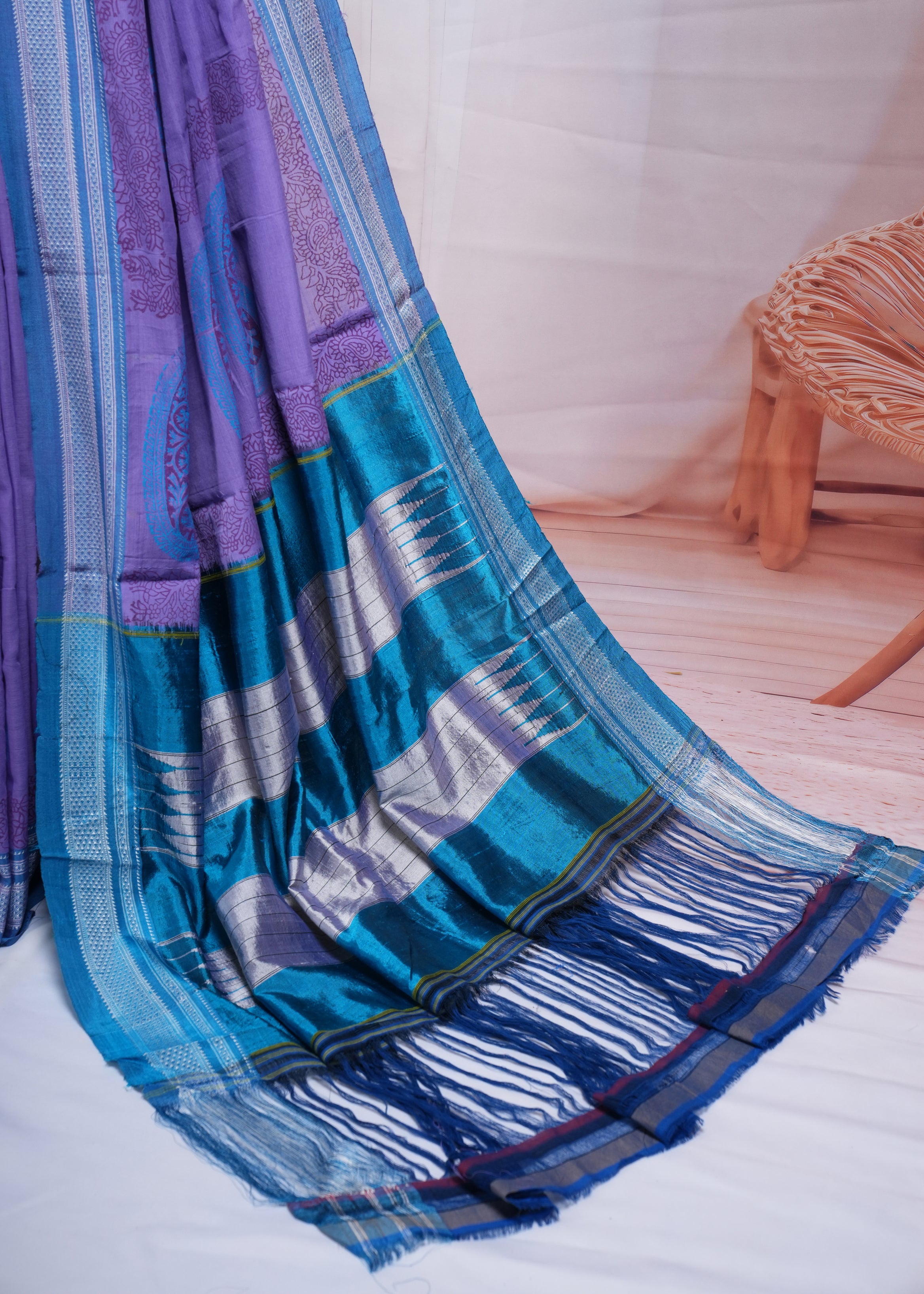 Lavender & Blue Handblock Printed Ilkal Handloom Saree