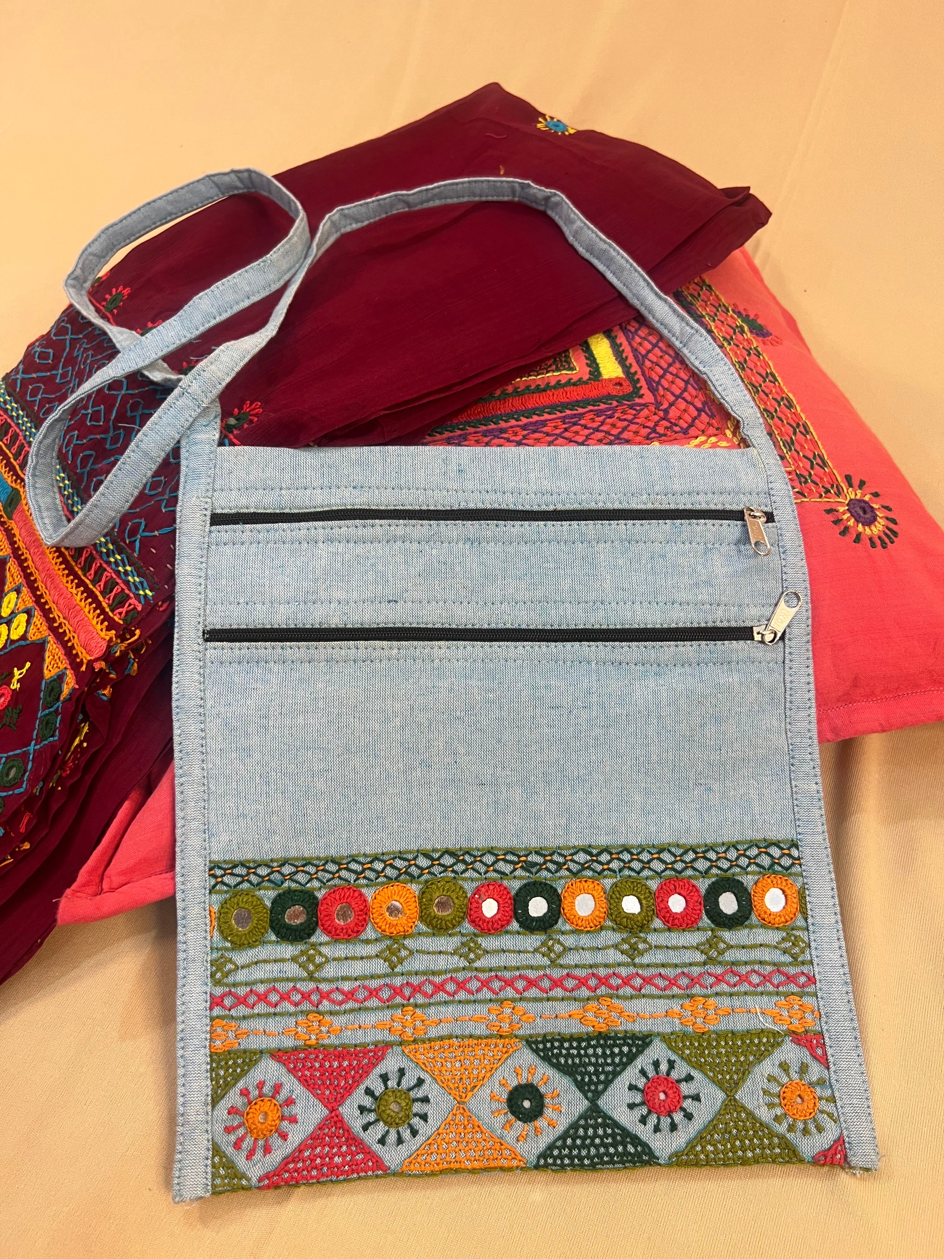 Light Grey Handloom Cotton Sling Bag with Olive Green Lambani Embroidery