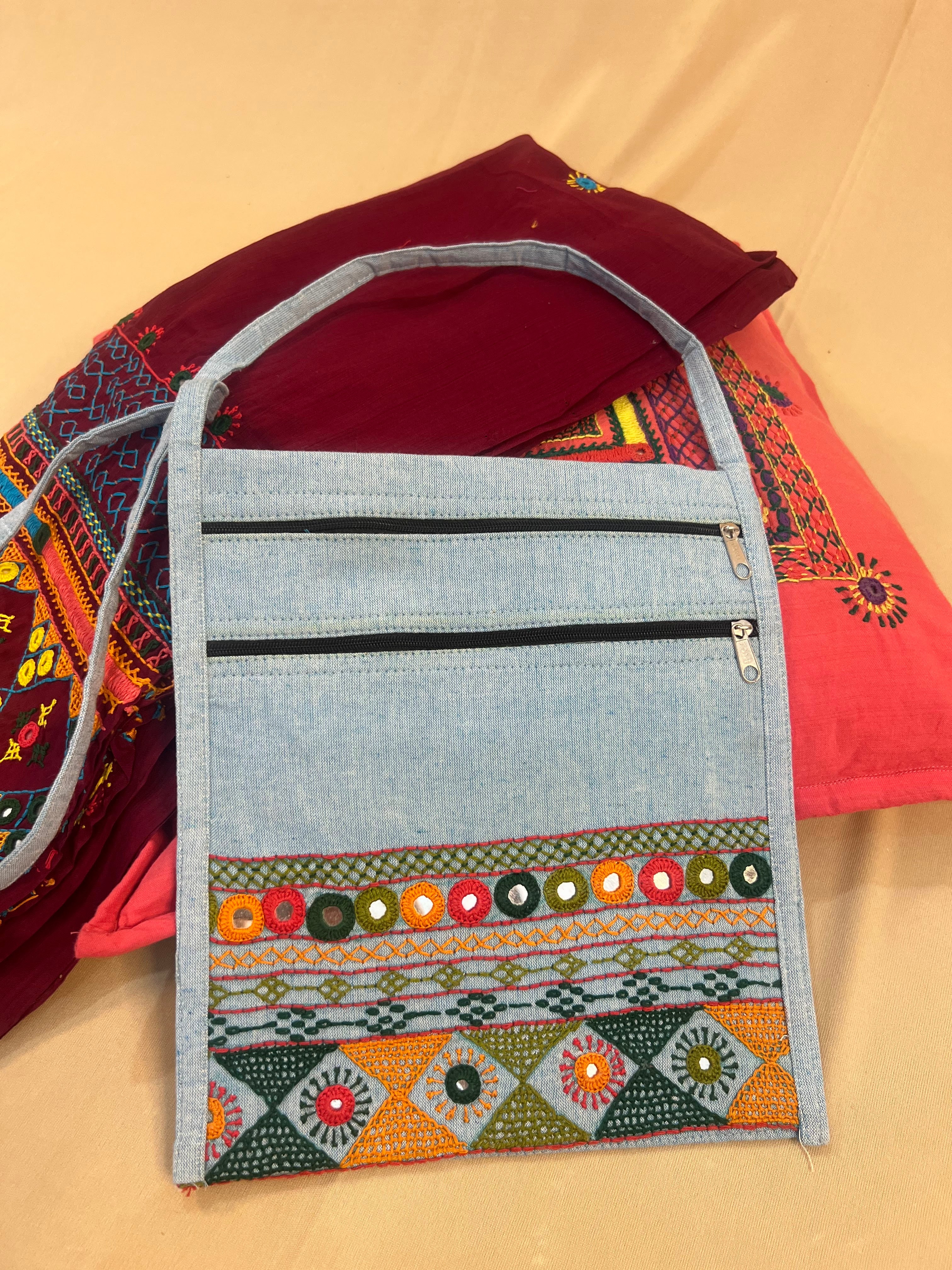 Light Grey Handloom Cotton Sling Bag with Olive Green Lambani Embroidery
