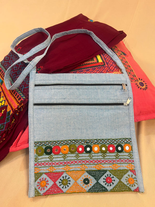 Light Grey Handloom Cotton Sling Bag with Olive Green Lambani Embroidery