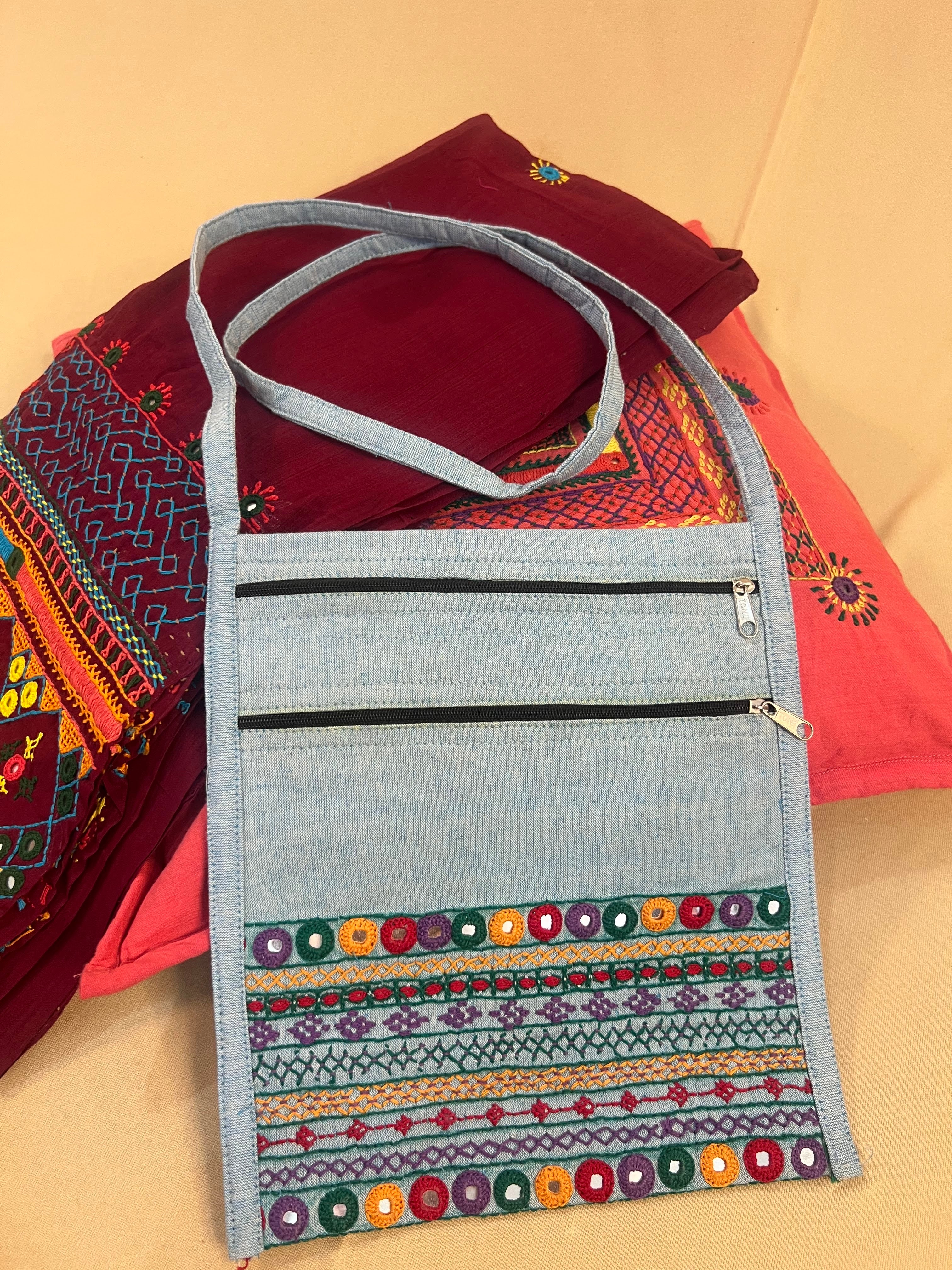 Light Grey Handloom Cotton Sling Bag with Traditional Lambani Embroidery