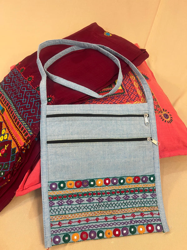 Light Grey Handloom Cotton Sling Bag with Traditional Lambani Embroidery