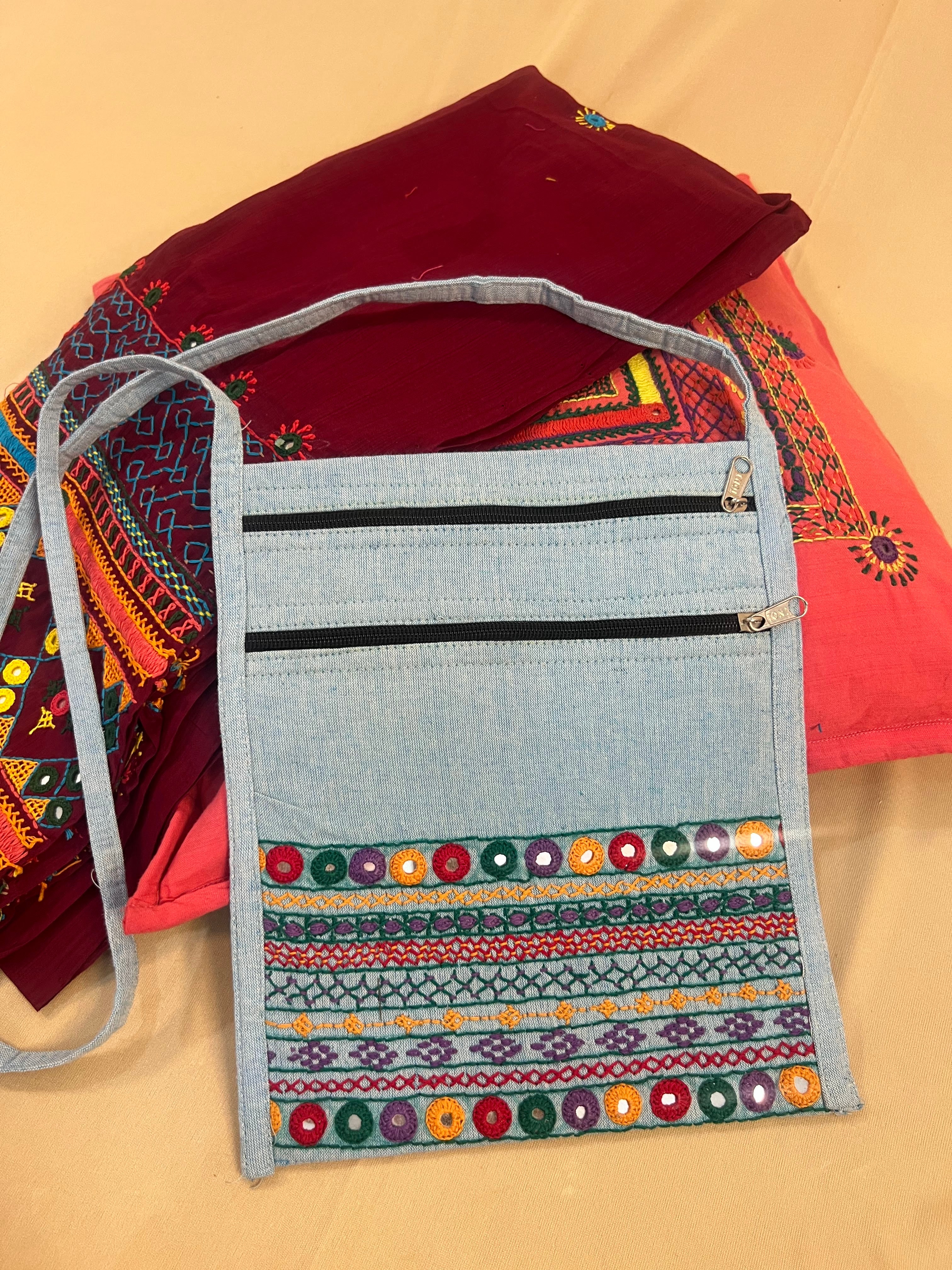 Mist Grey Handloom Cotton Sling Bag with Lambani Embroidery