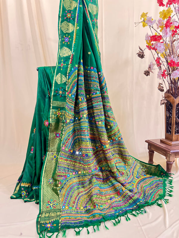 Lambani Silk Saree | Emerald Green Handcrafted Embroidered Molkalmuru Saree
