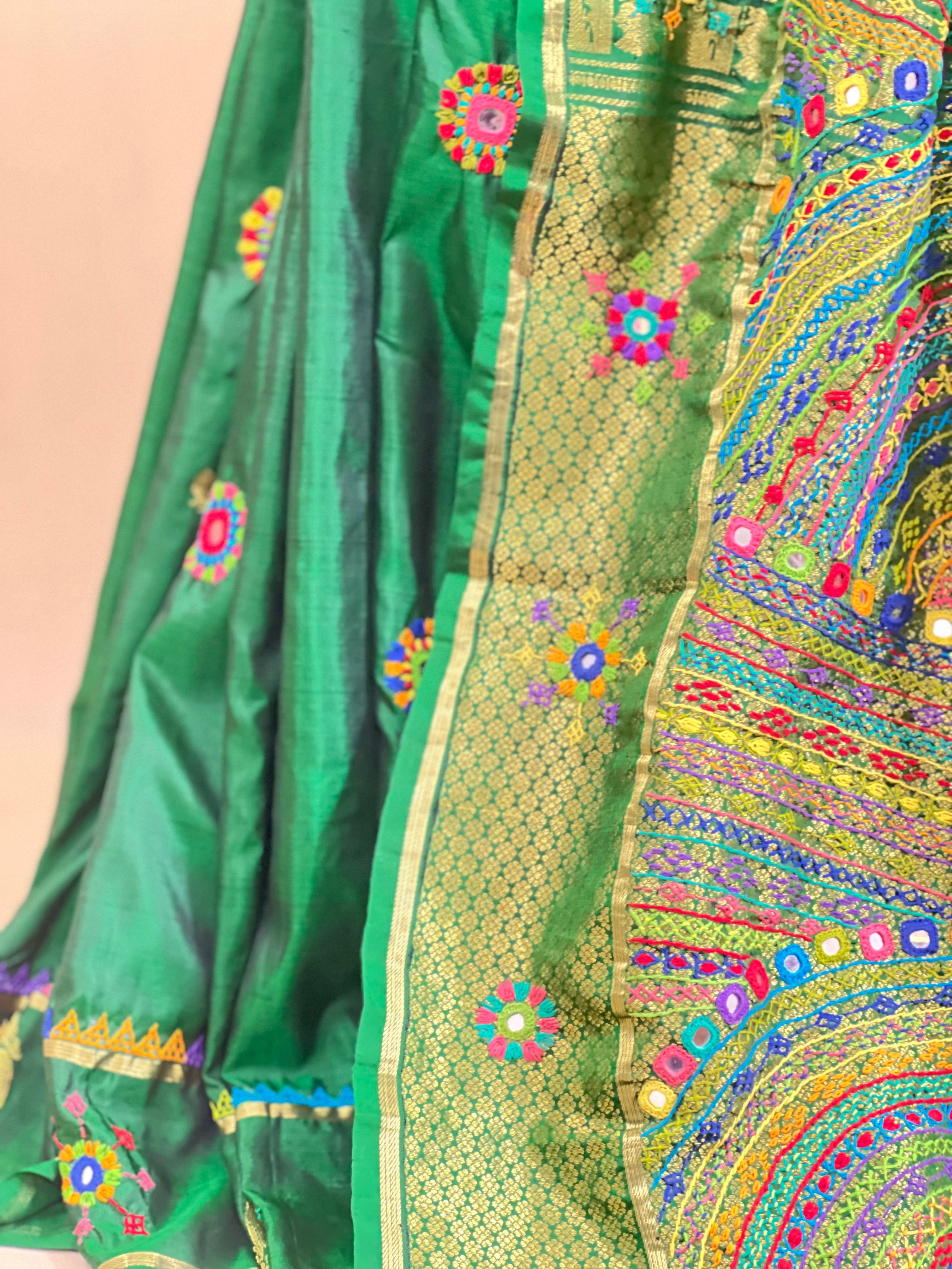 Lambani Silk Saree | Emerald Green Handcrafted Embroidered Molkalmuru Saree