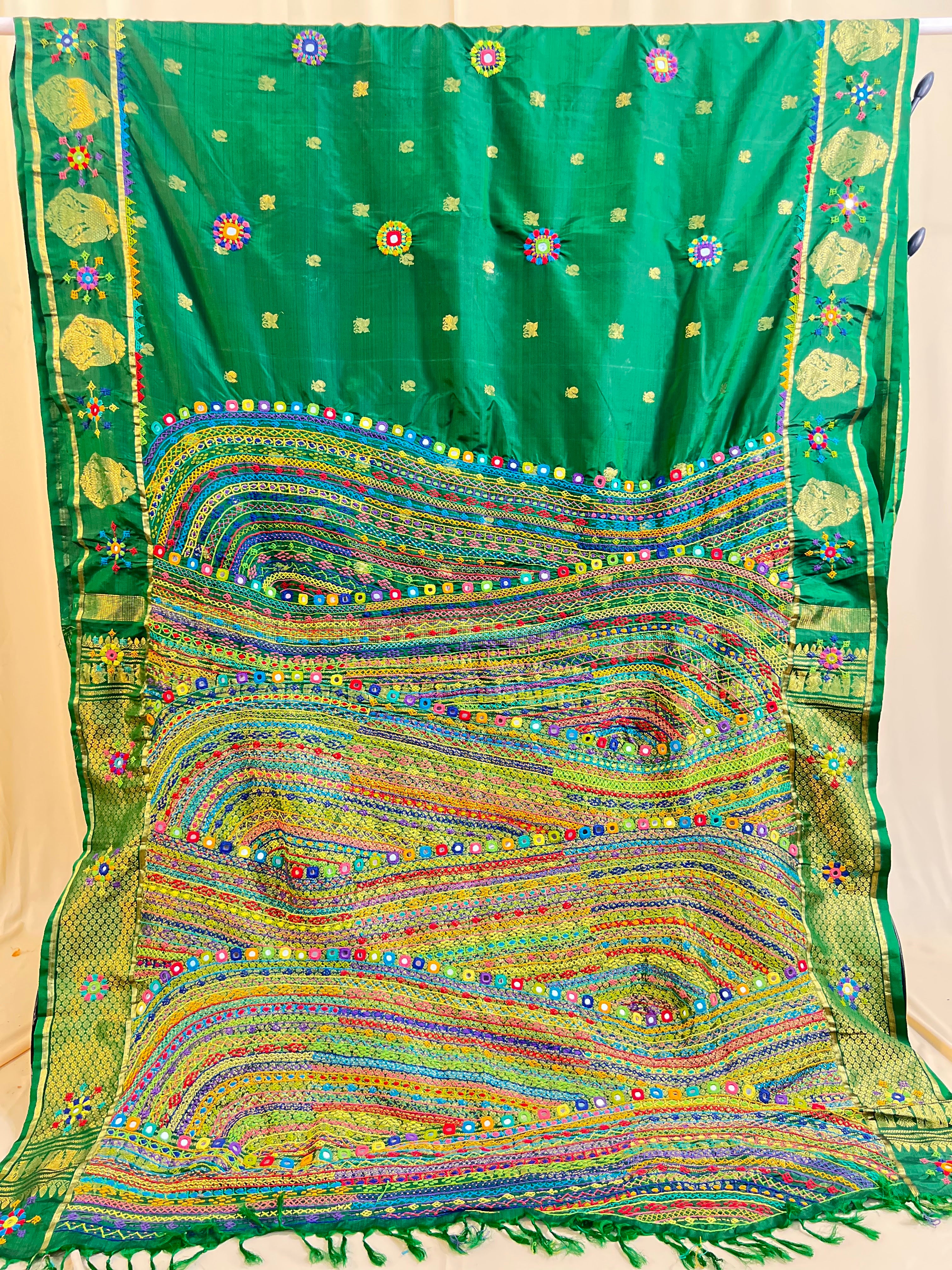 Lambani Silk Saree | Emerald Green Handcrafted Embroidered Molkalmuru Saree