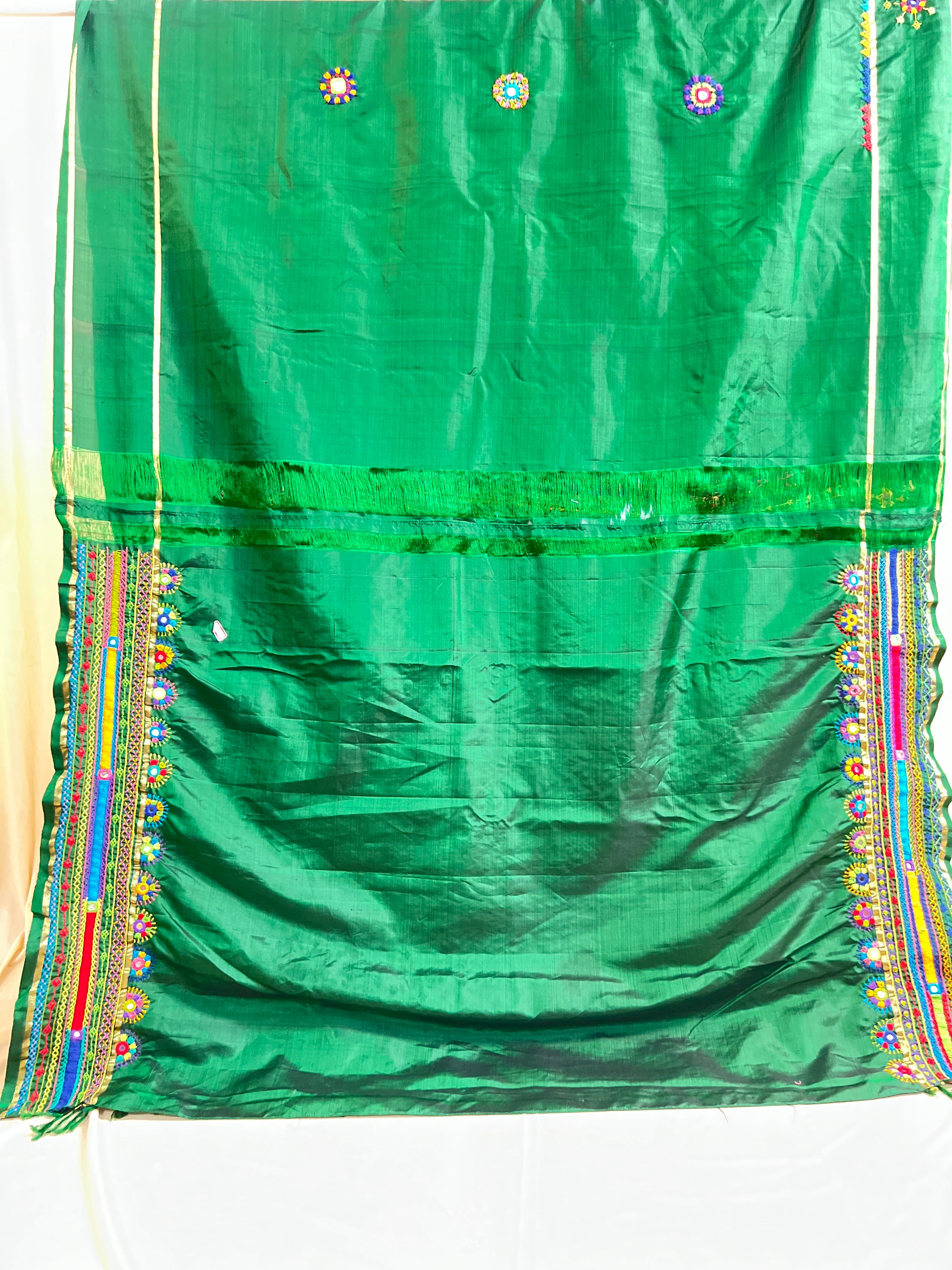 Lambani Silk Saree | Emerald Green Handcrafted Embroidered Molkalmuru Saree