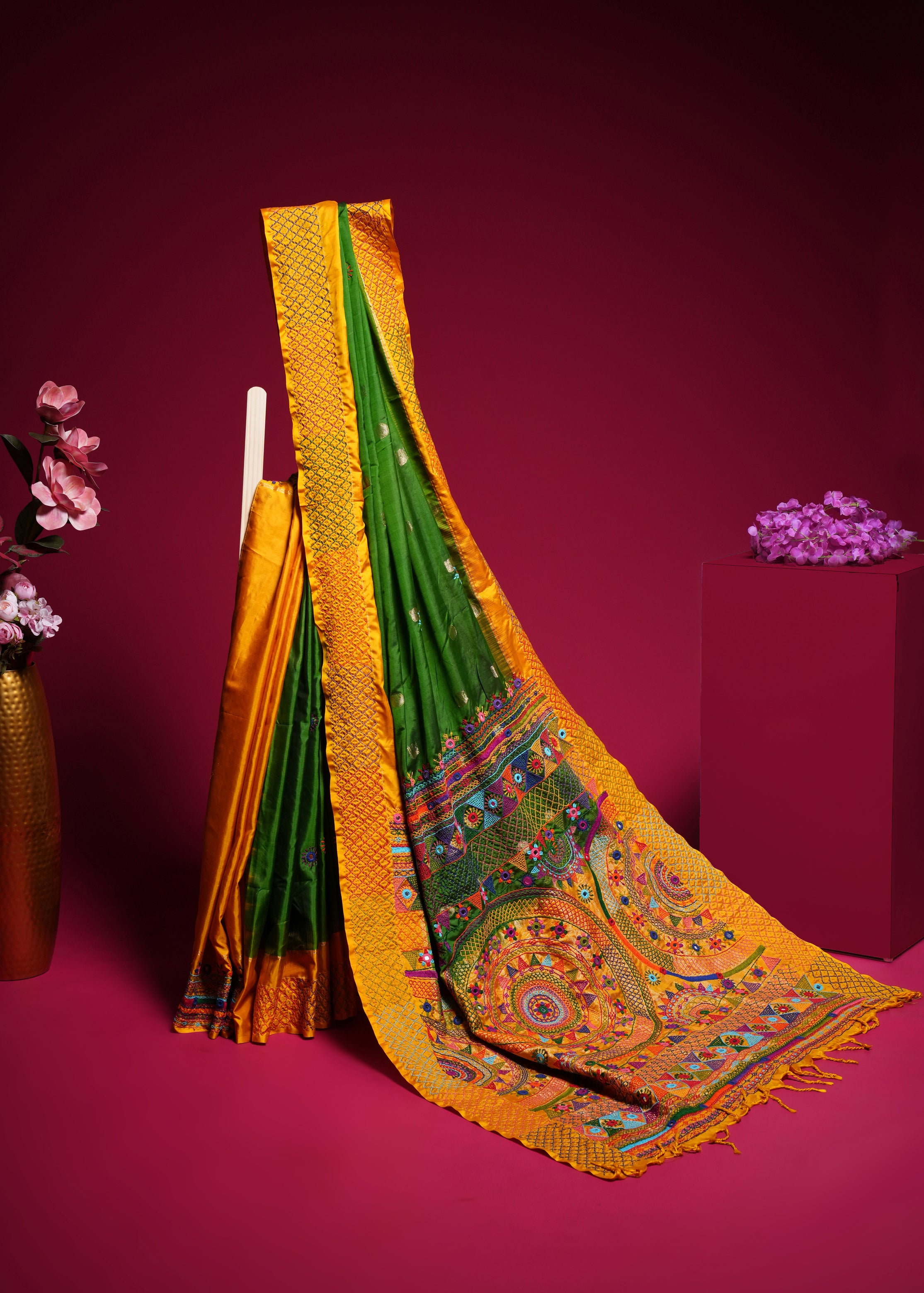 Molkalmuru Lambani Silk Saree | Mustard Yellow & Green Hand Embroidered Mirror Work Saree
