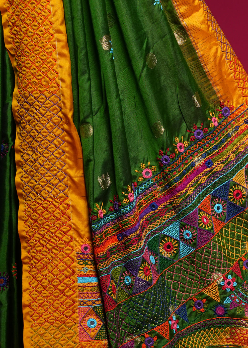 Molkalmuru Lambani Silk Saree | Mustard Yellow & Green Hand Embroidered Mirror Work Saree