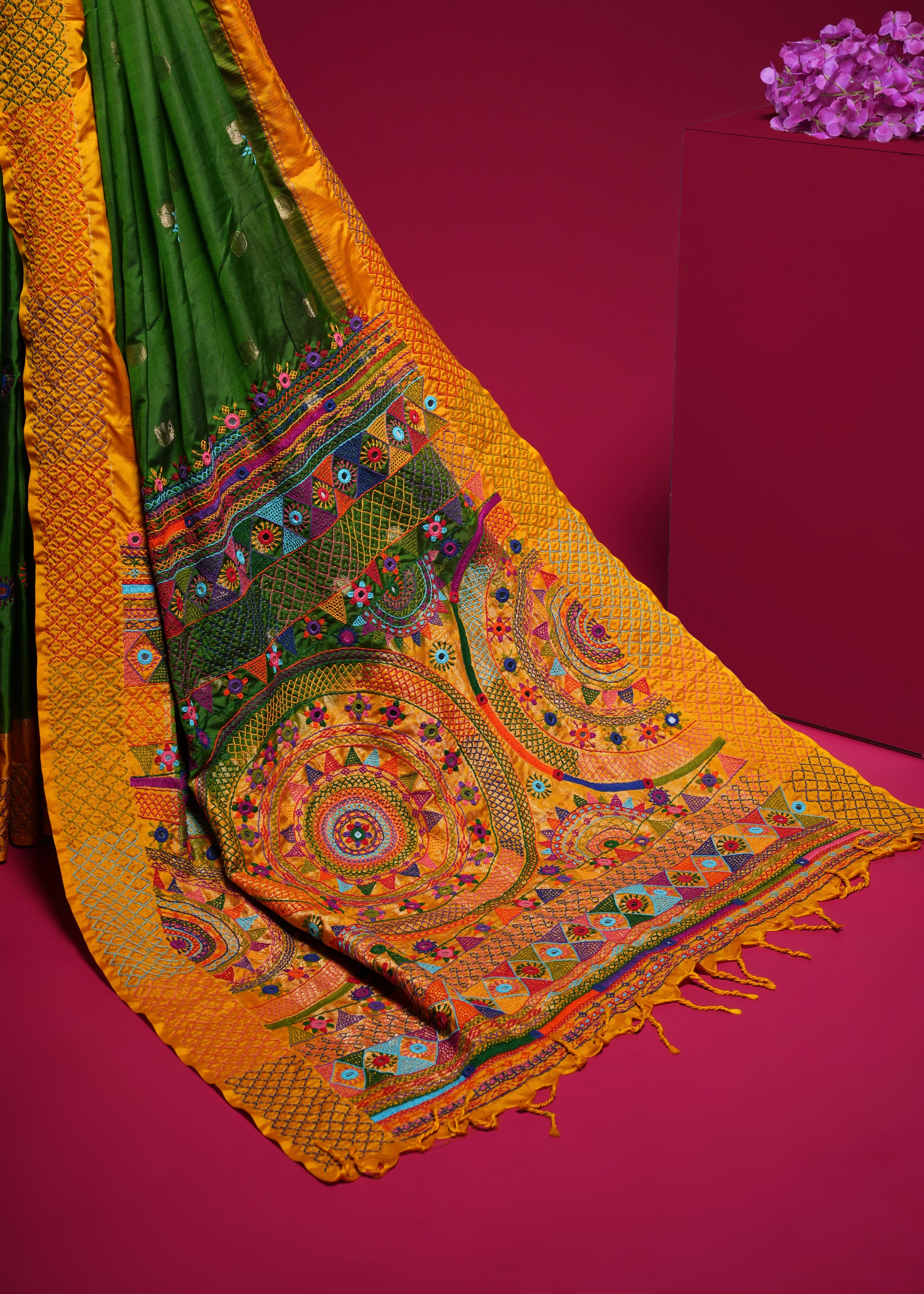 Molkalmuru Lambani Silk Saree | Mustard Yellow & Green Hand Embroidered Mirror Work Saree